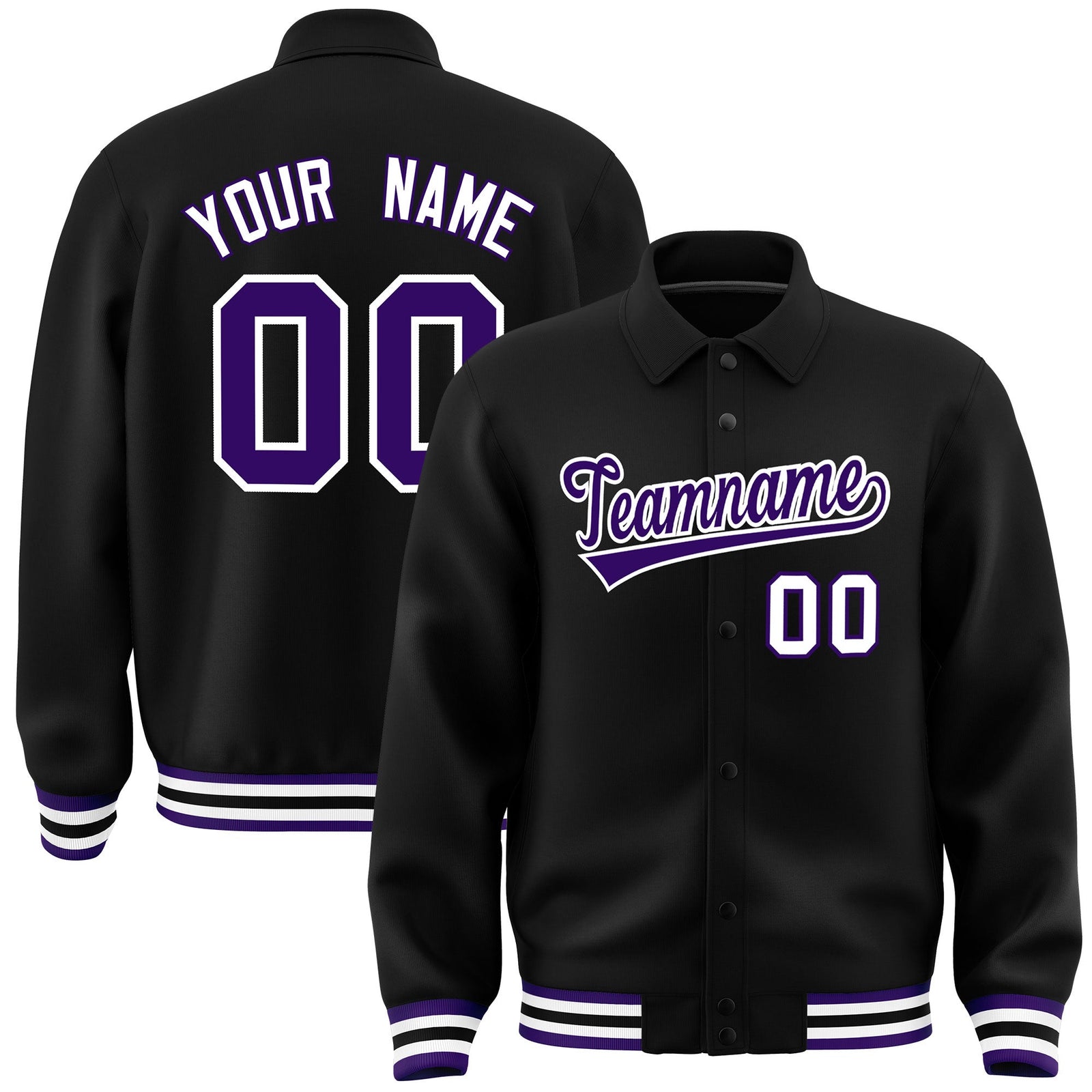 Custom Black, Purple, White collared coach jacket - front and back view - Style 2 | KXKSHOP