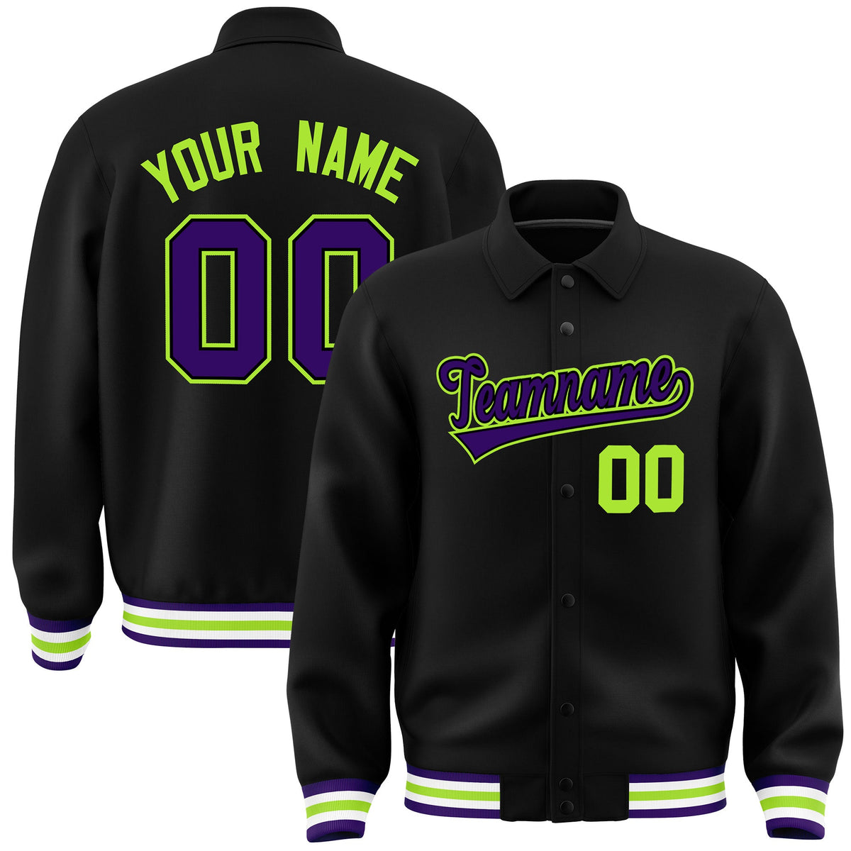 Custom Black, Purple, Neon Green collared coach jacket - front and back view - Style 2 | KXKSHOP