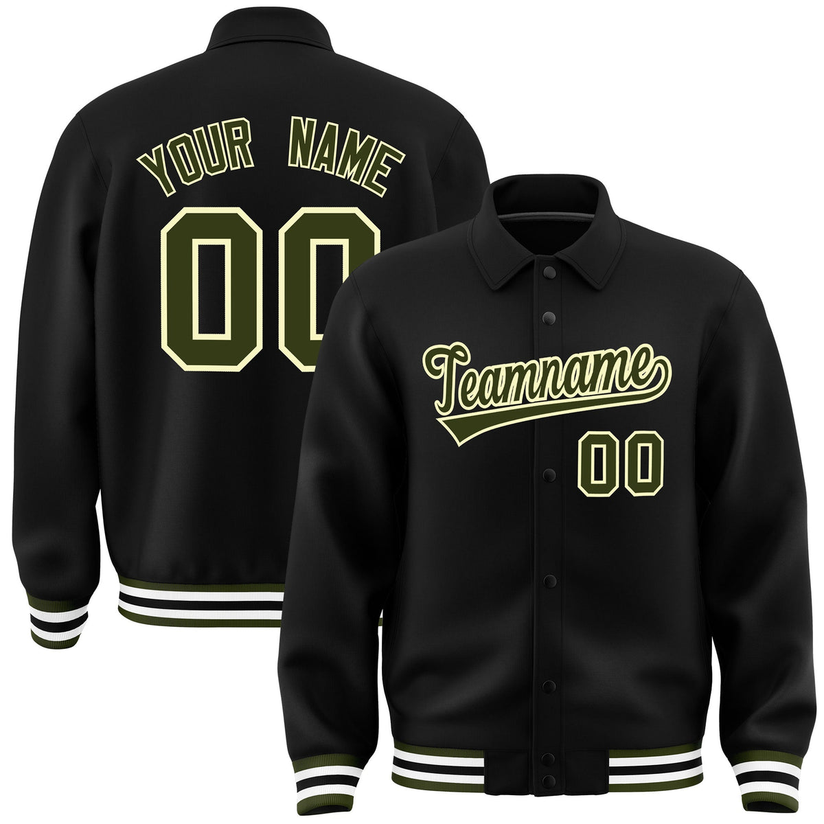 Custom Black, Olive, Cream collared coach jacket - front and back view - Style 2 | KXKSHOP