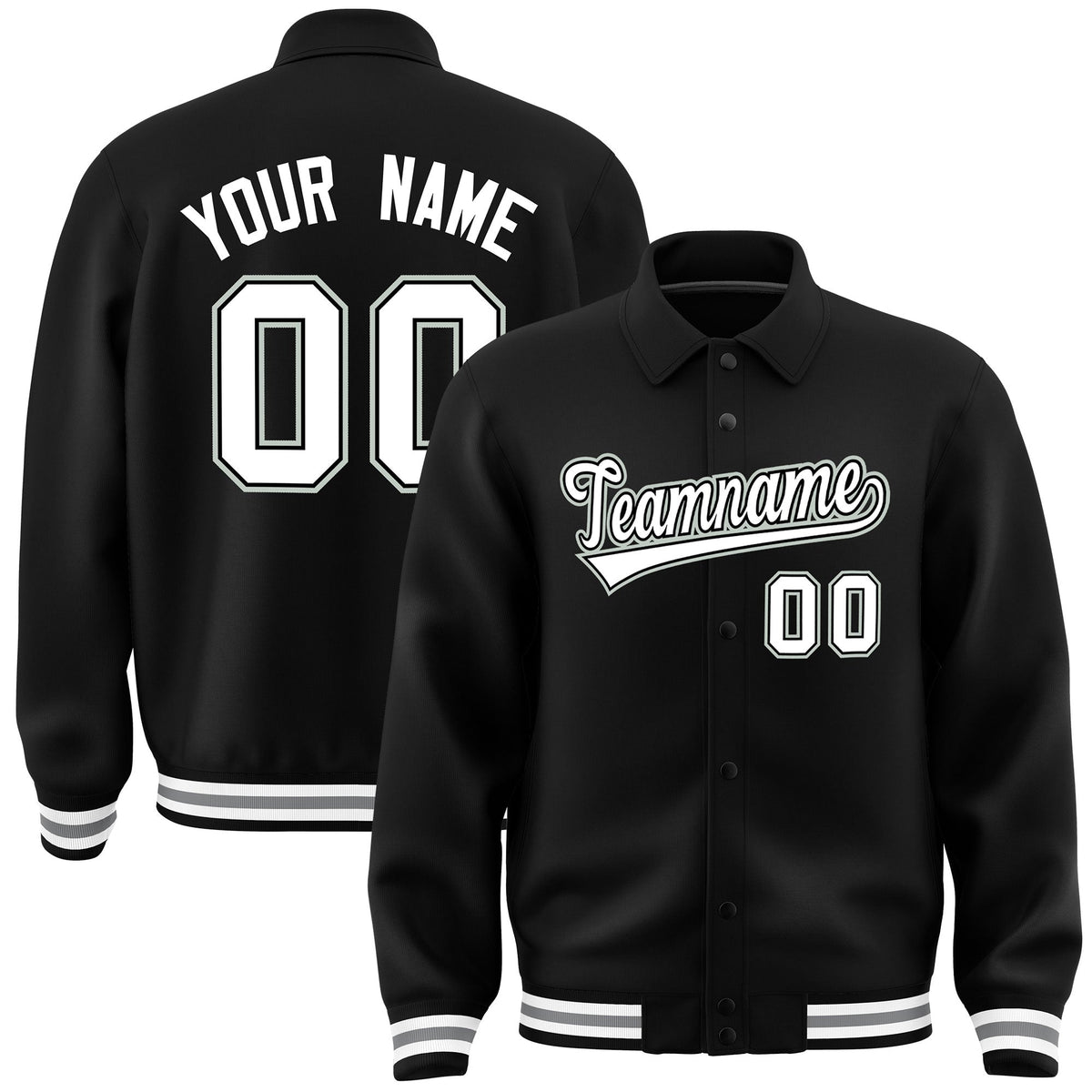 Custom Black, White, Grey collared coach jacket - front and back view - Style 2 | KXKSHOP