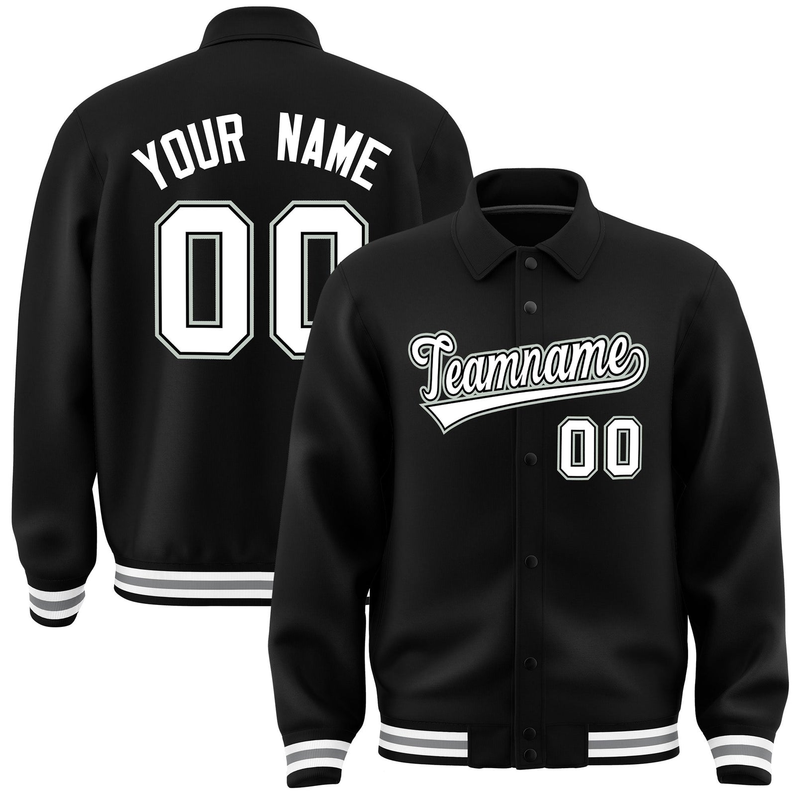 Custom Black, White, Grey collared coach jacket - front and back view - Style 2 | KXKSHOP