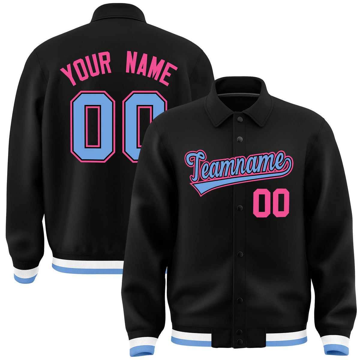Custom Black, Light Blue, Pink collared coach jacket - front and back view - Style 2 | KXKSHOP