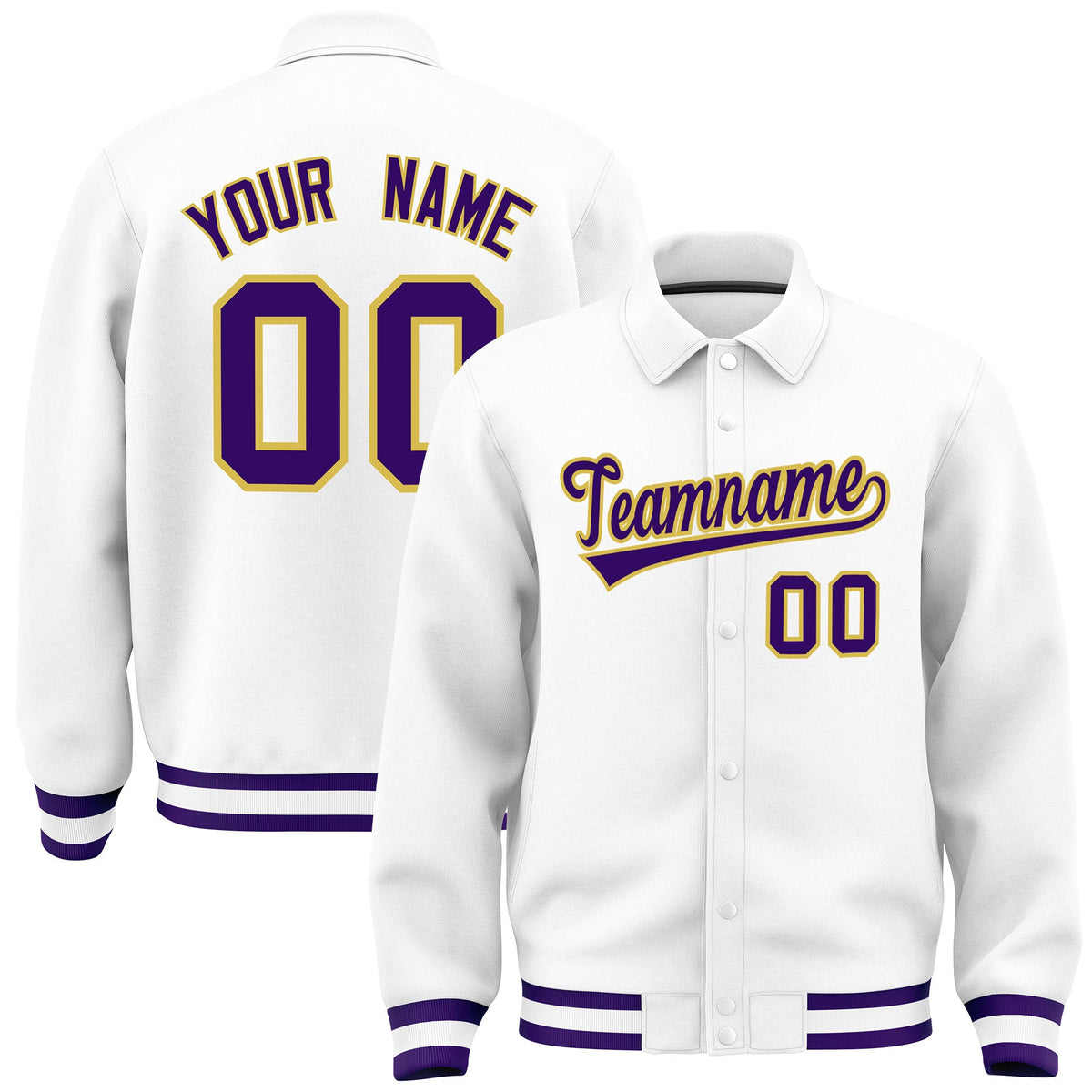 Custom White, Purple, Old Gold collared coach jacket - front and back view - Style 2 | KXKSHOP
