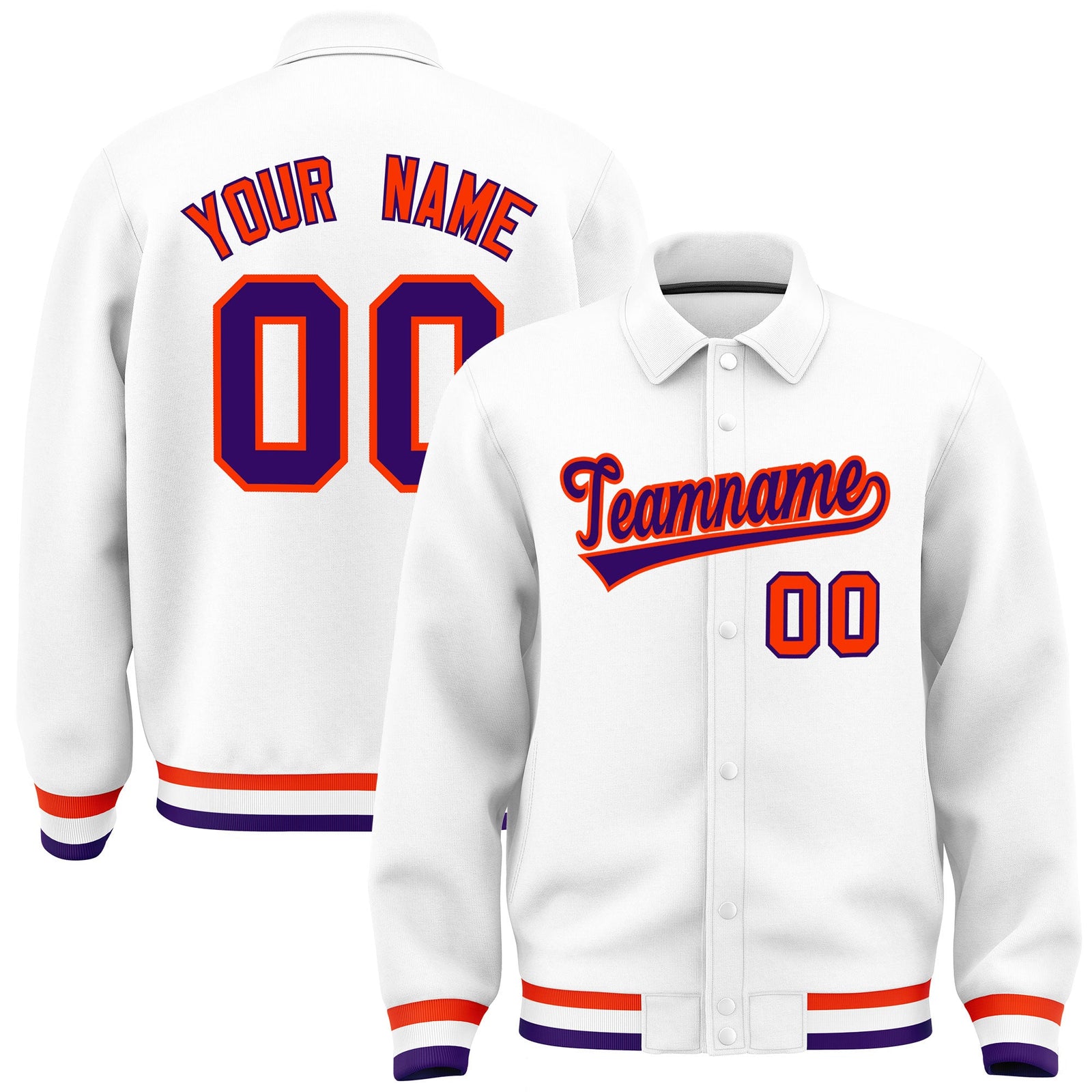 Custom White, Purple, Orange collared coach jacket - front and back view - Style 2 | KXKSHOP