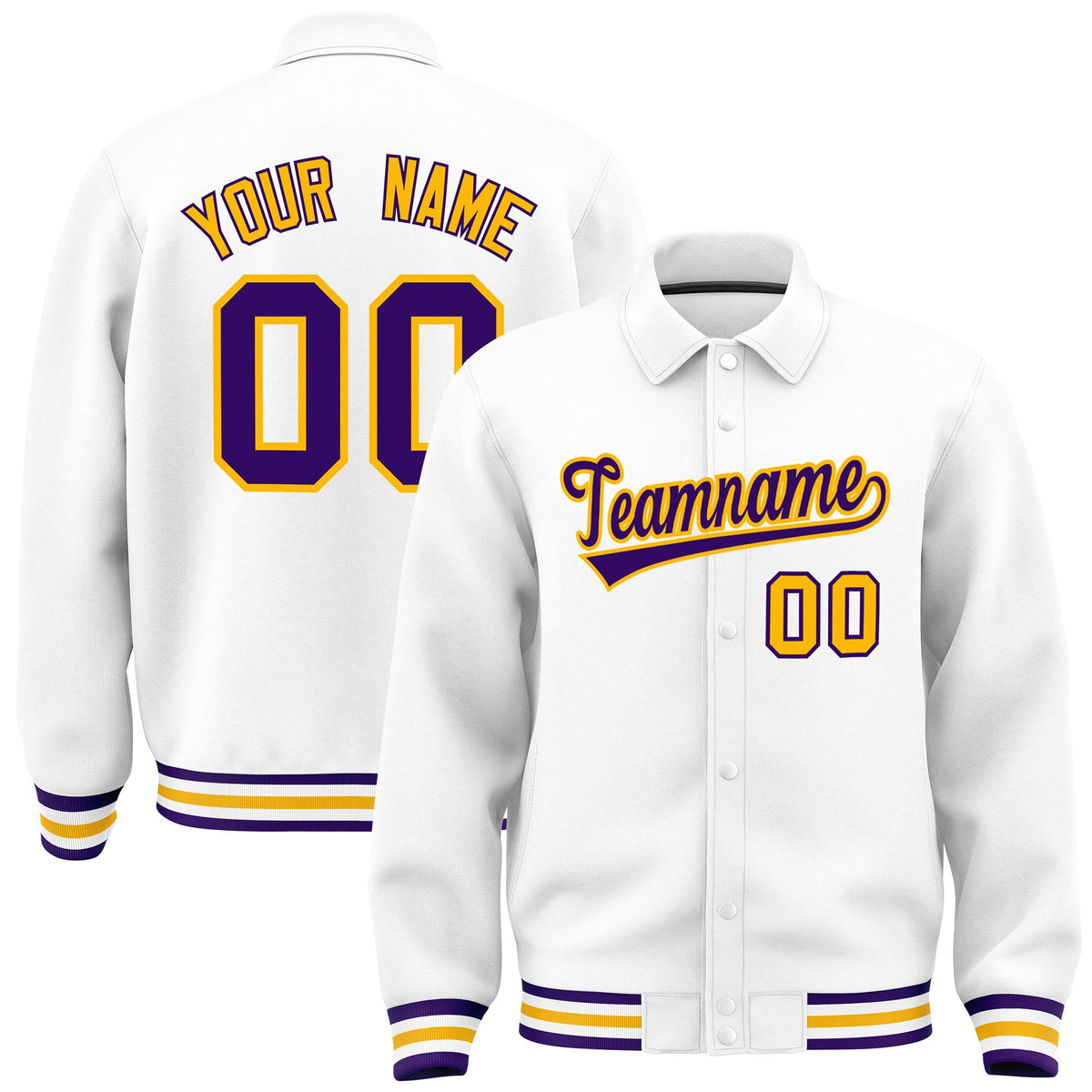 Custom White, Purple, Yellow collared coach jacket - front and back view - Style 2 | KXKSHOP
