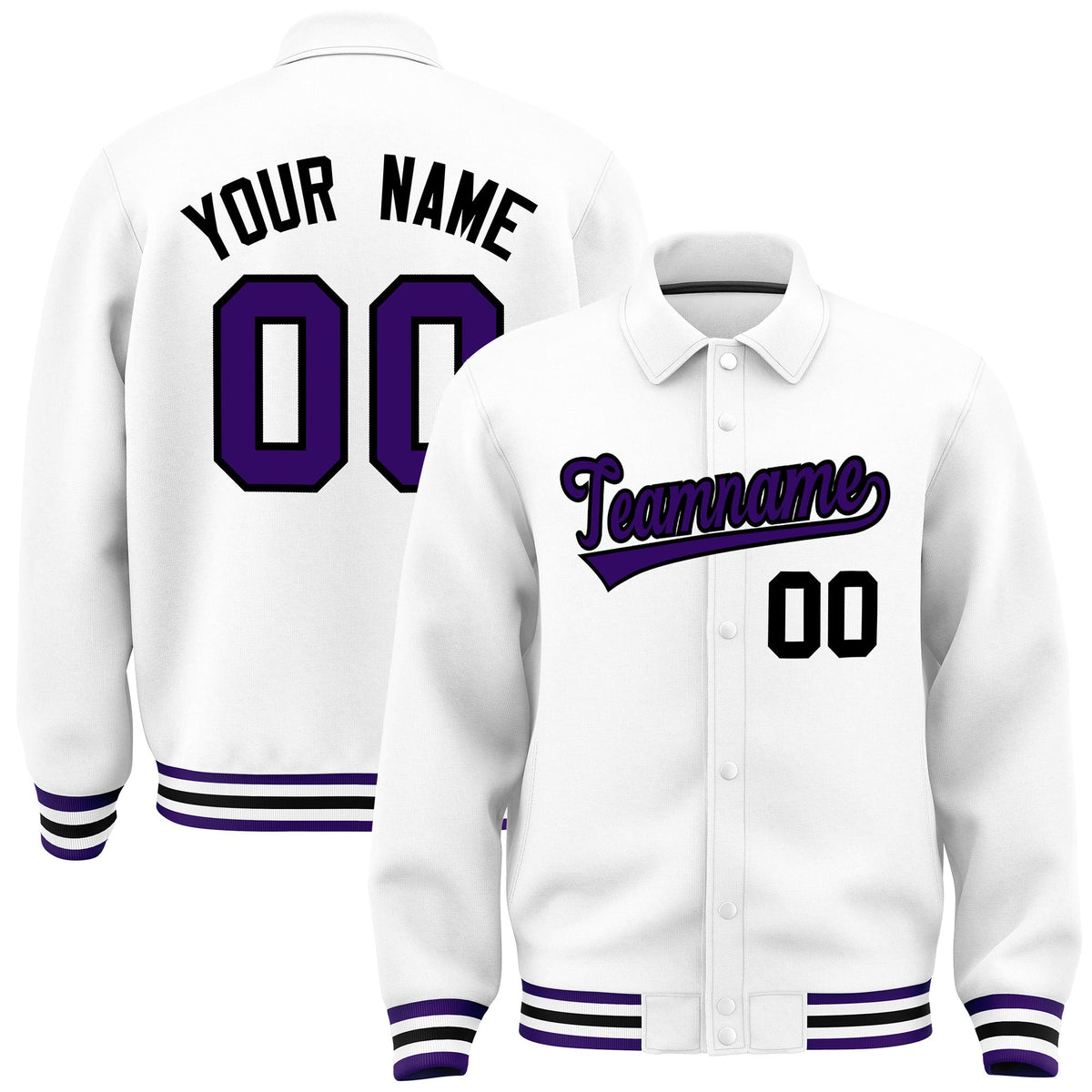 Custom White, Purple, Black collared coach jacket - front and back view - Style 2 | KXKSHOP