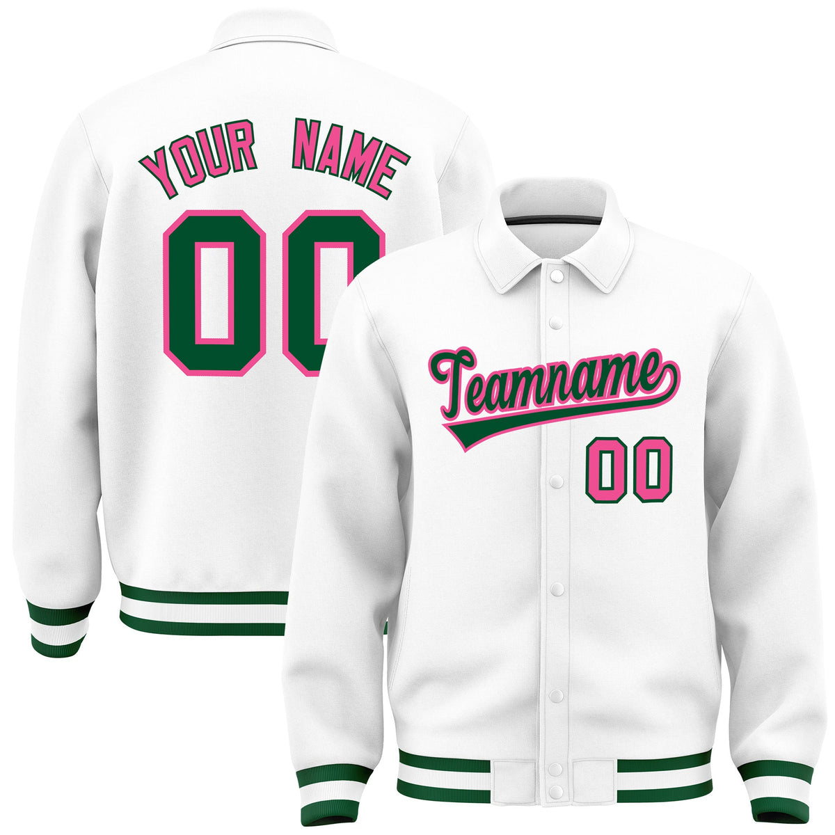 Custom White, Green, Pink collared coach jacket - front and back view - Style 2 | KXKSHOP