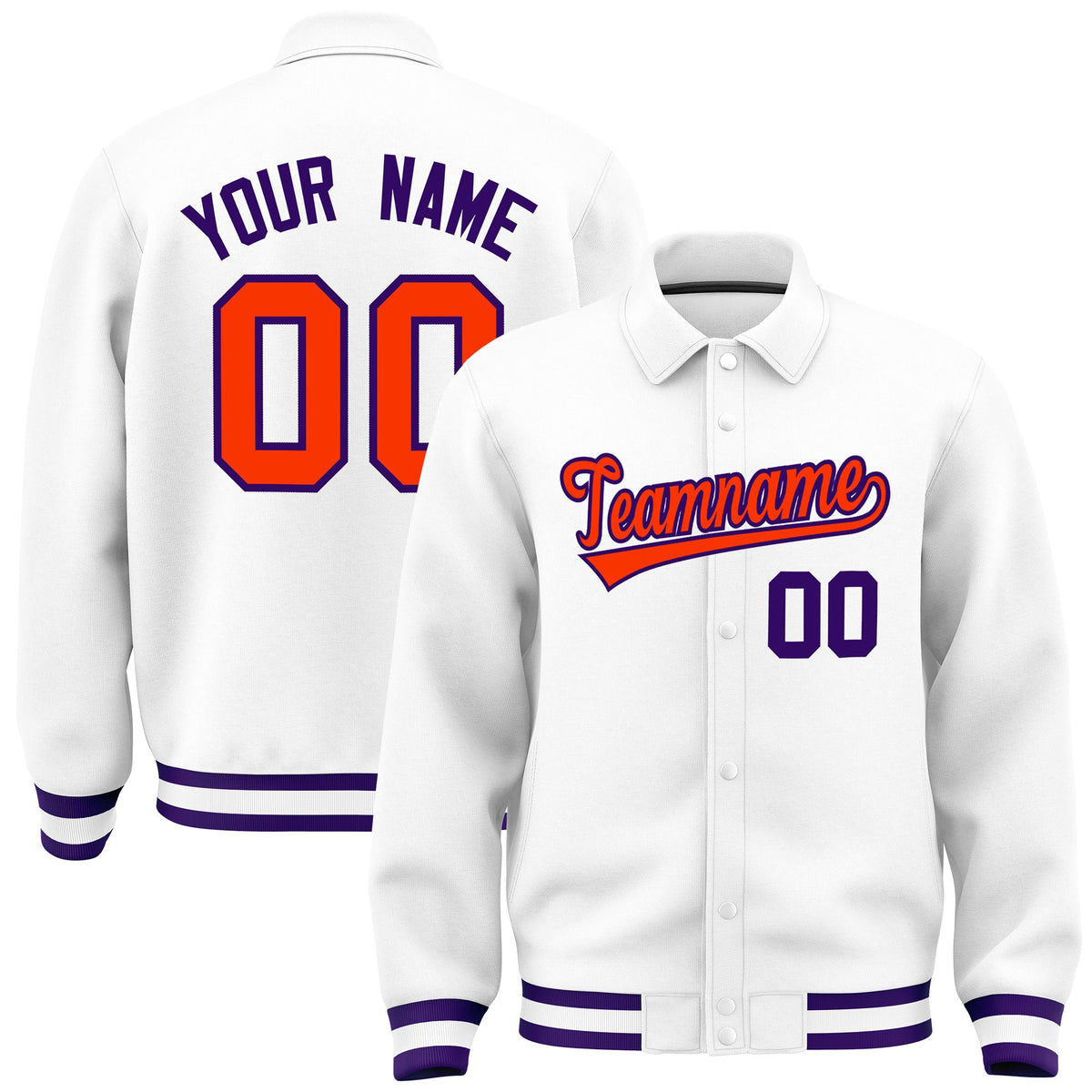 Custom White, Orange, Purple collared coach jacket - front and back view - Style 2 | KXKSHOP