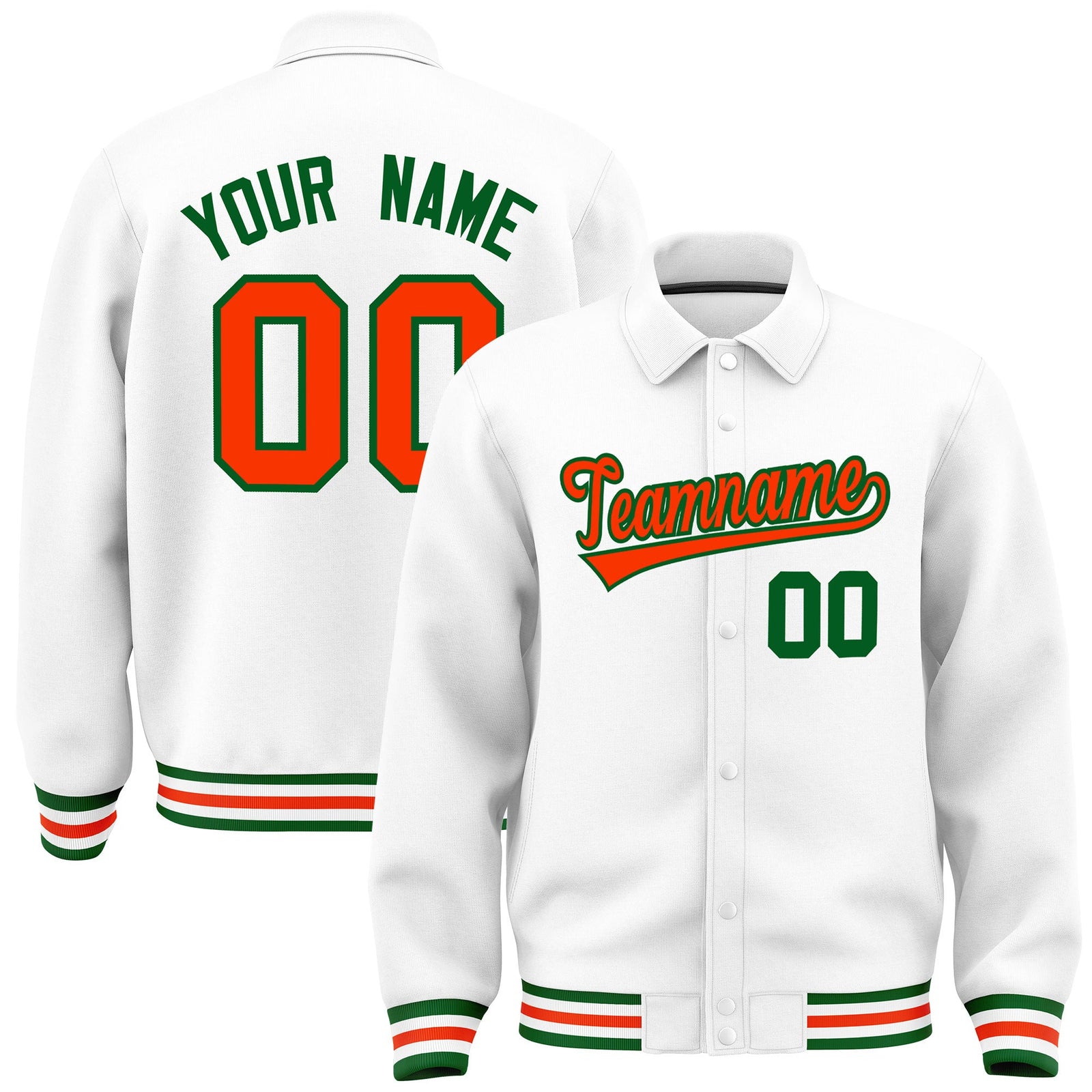 Custom White, Orange, Kelly Green collared coach jacket - front and back view - Style 2 | KXKSHOP