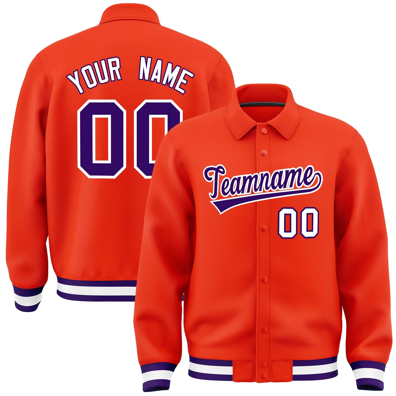 Custom Orange, Purple, White collared coach jacket - front and back view - Style 2 | KXKSHOP