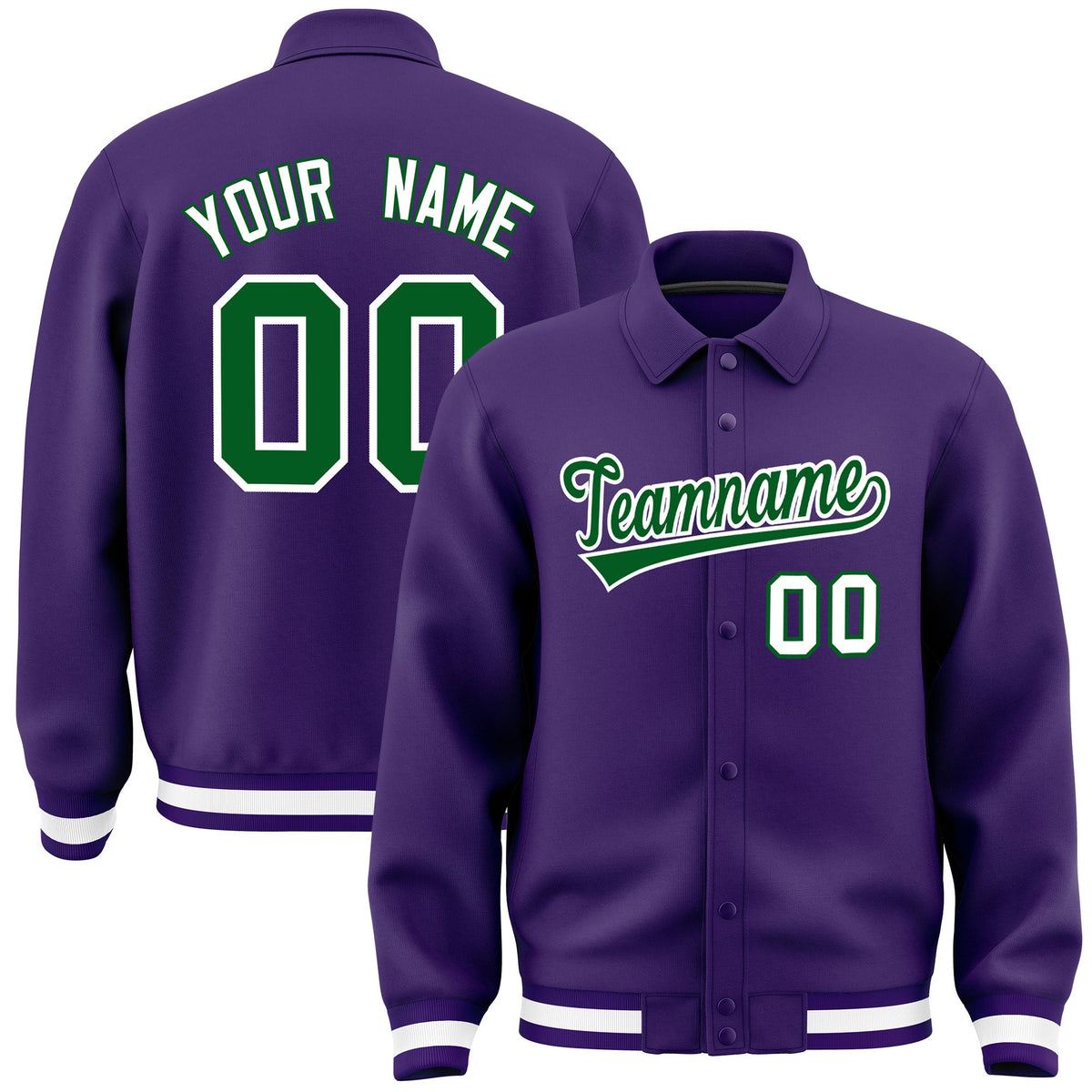 Custom Purple, Kelly Green, White collared coach jacket - front and back view - Style 2 | KXKSHOP