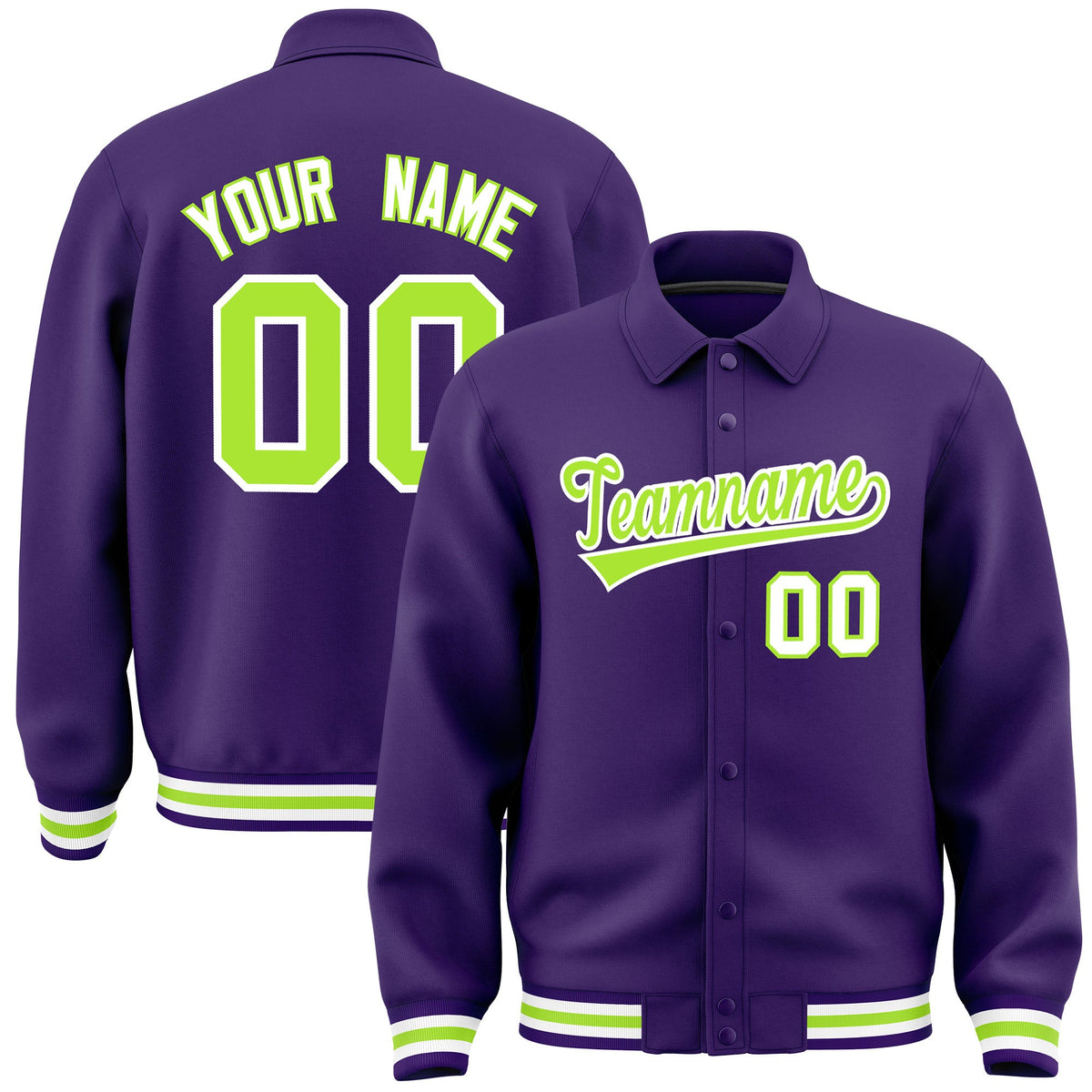 Custom Purple, Neon Green, White collared coach jacket - front and back view - Style 2 | KXKSHOP