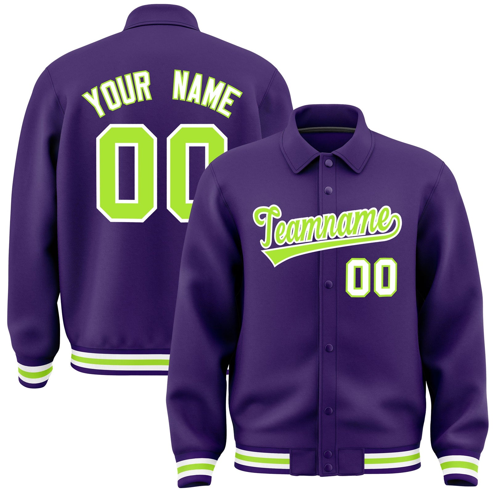 Custom Purple, Neon Green, White collared coach jacket - front and back view - Style 2 | KXKSHOP