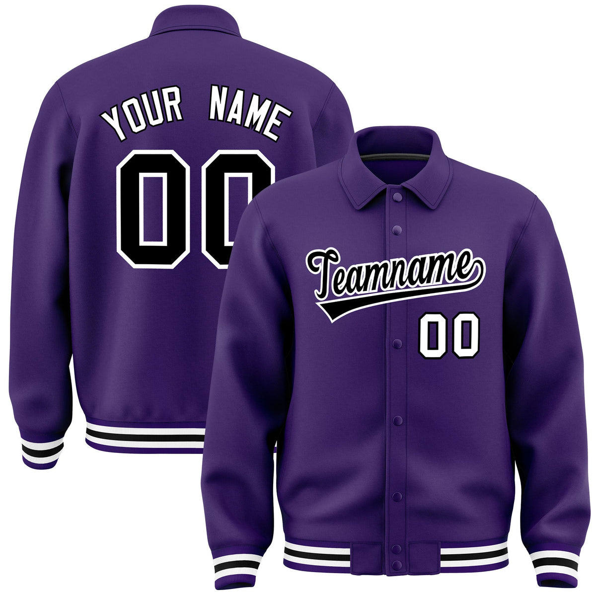 Custom Purple, Black, White collared coach jacket - front and back view - Style 2 | KXKSHOP