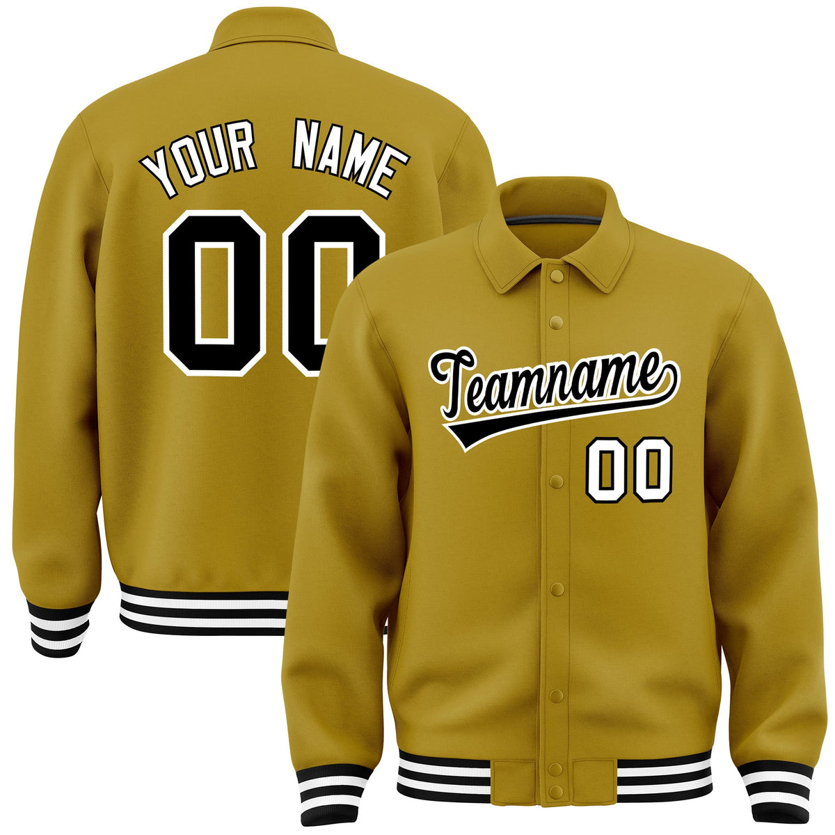 Custom Old Gold, Black, White collared coach jacket - front and back view - Style 2 | KXKSHOP