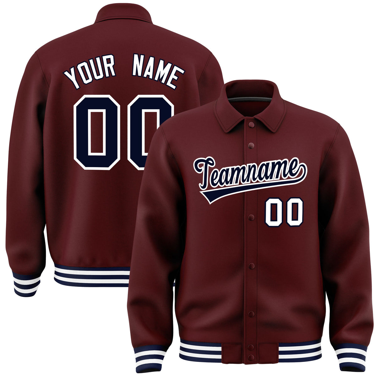 Custom Burgundy, Navy, White collared coach jacket - front and back view - Style 2 | KXKSHOP