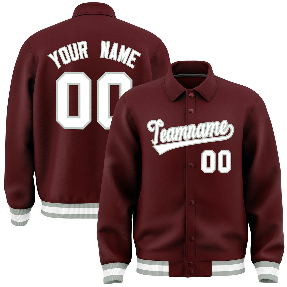 Custom Burgundy, White, Grey collared coach jacket - front and back view - Style 2 | KXKSHOP