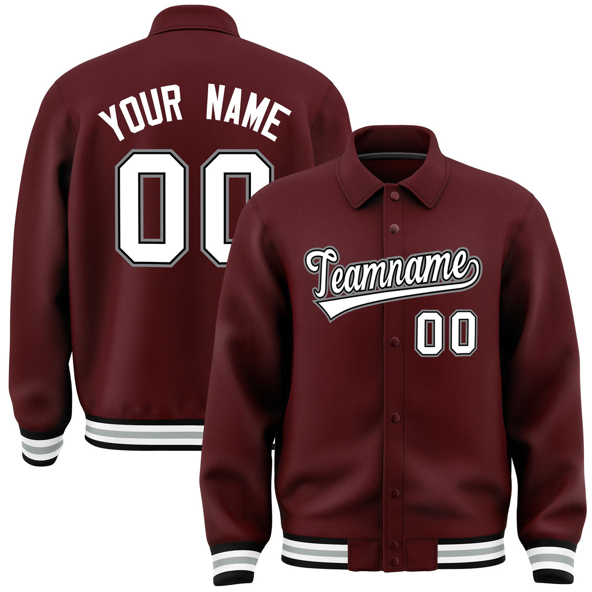 Custom Burgundy, White, Black, Grey collared coach jacket - front and back view - Style 2 | KXKSHOP