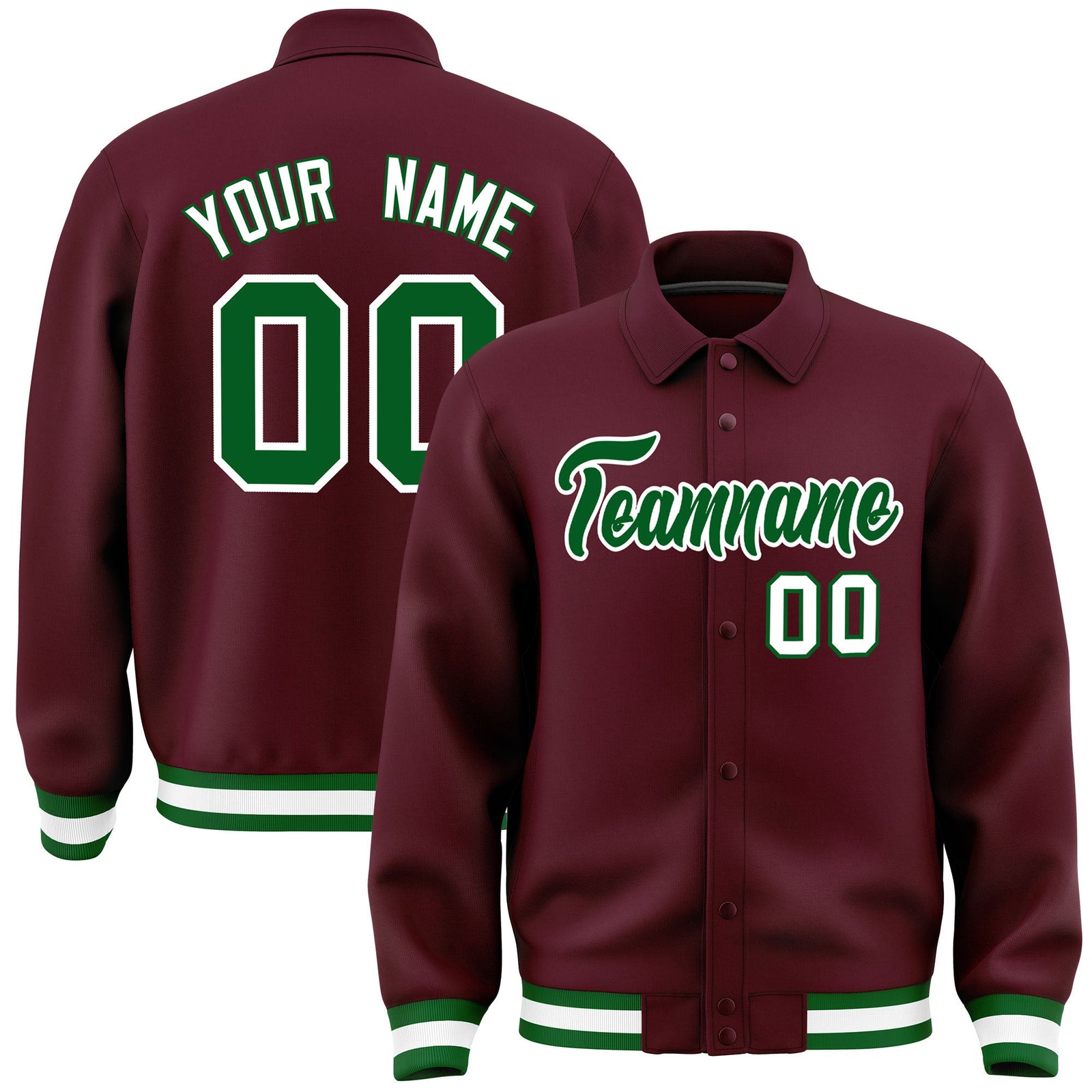 Custom Burgundy, Kelly Green, White collared coach jacket - front and back view - Style 3 | KXKSHOP
