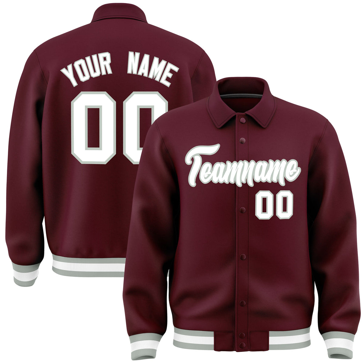 Custom Burgundy, White, Grey collared coach jacket - front and back view - Style 3 | KXKSHOP