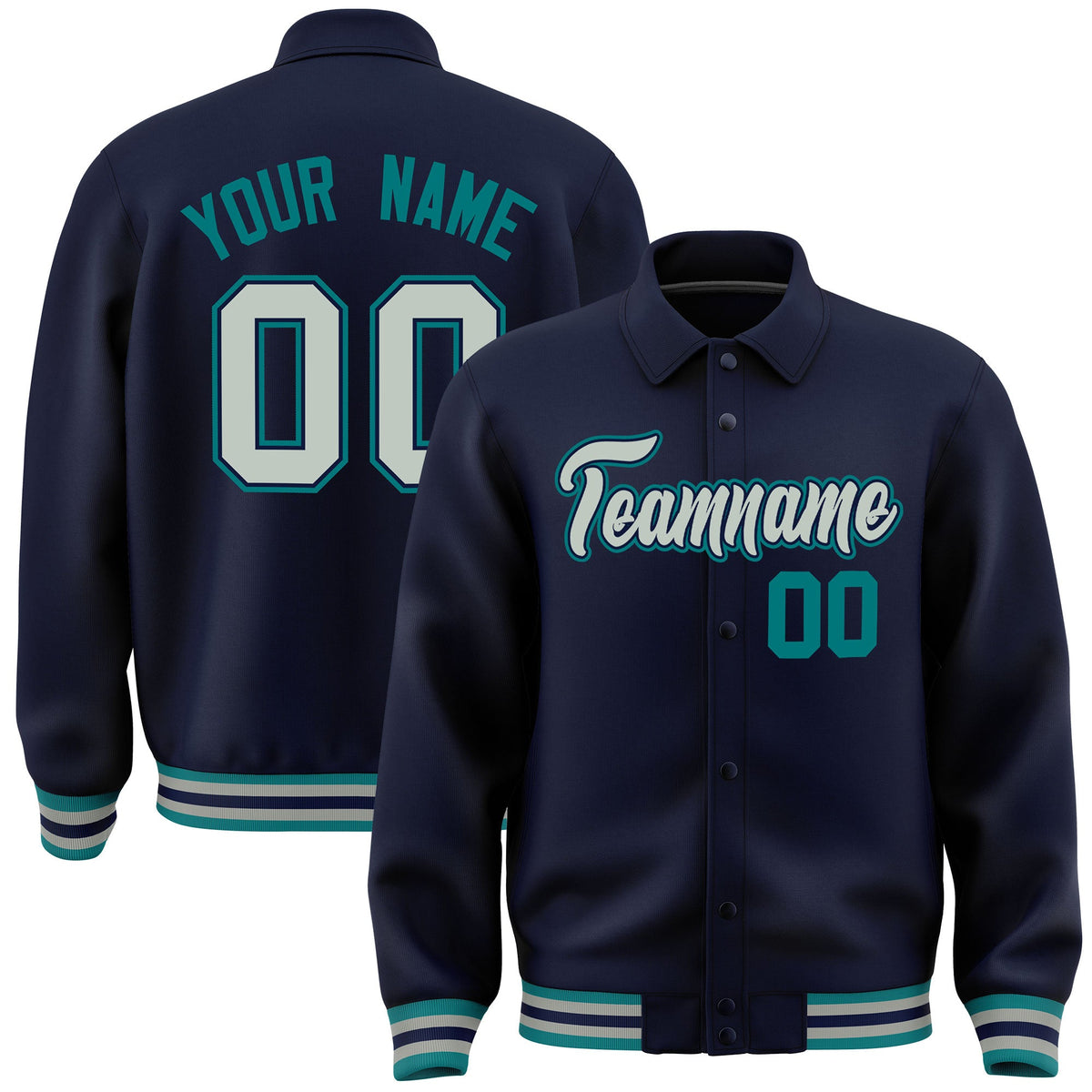 Custom Navy, Grey, Teal collared coach jacket - front and back view - Style 3 | KXKSHOP