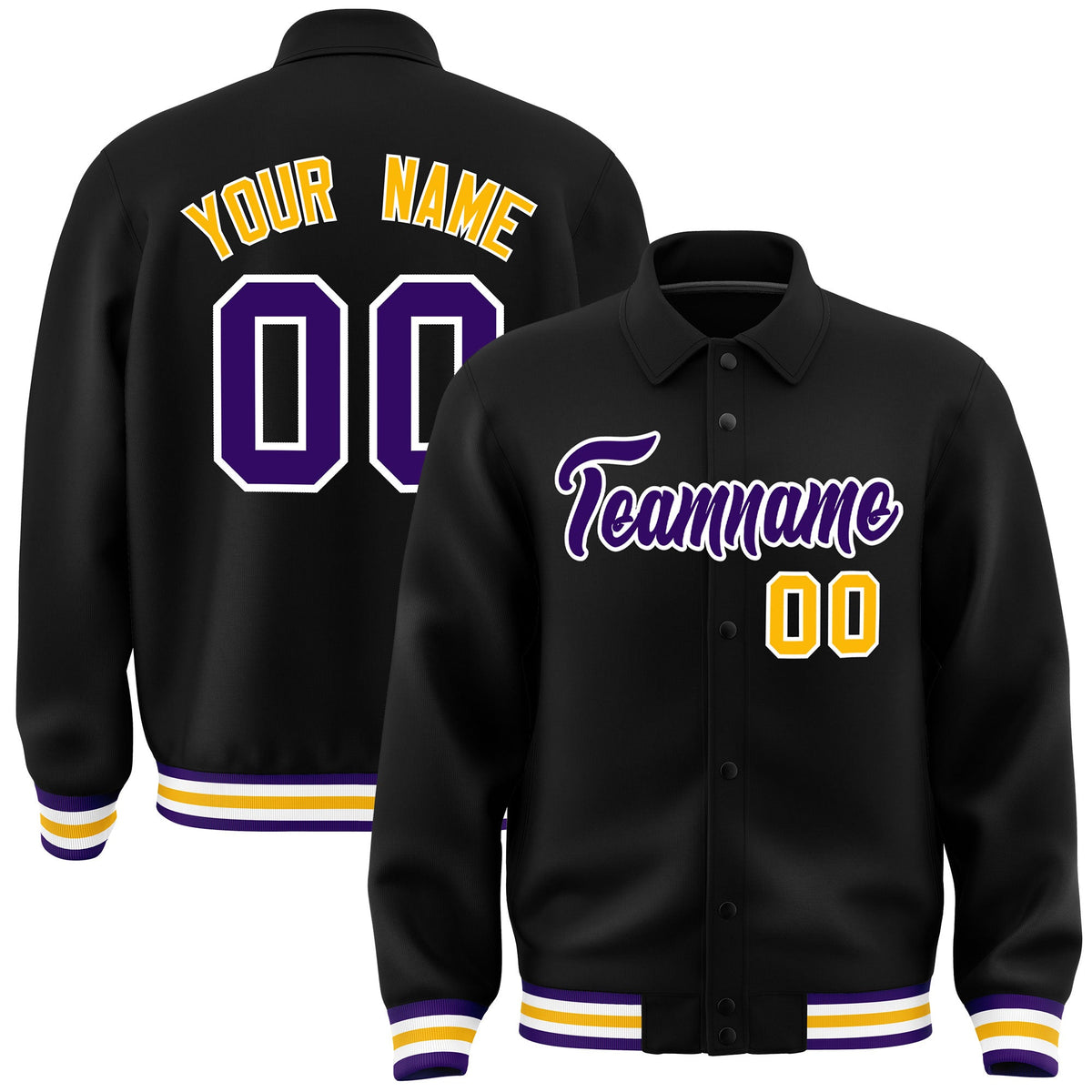 Custom Black, Purple, White collared coach jacket - front and back view - Style 3 | KXKSHOP