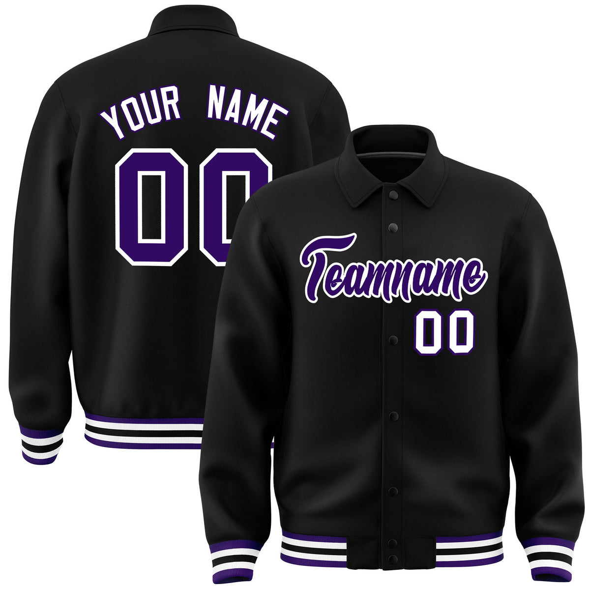 Custom Black, Purple, White collared coach jacket - front and back view - Style 3 | KXKSHOP