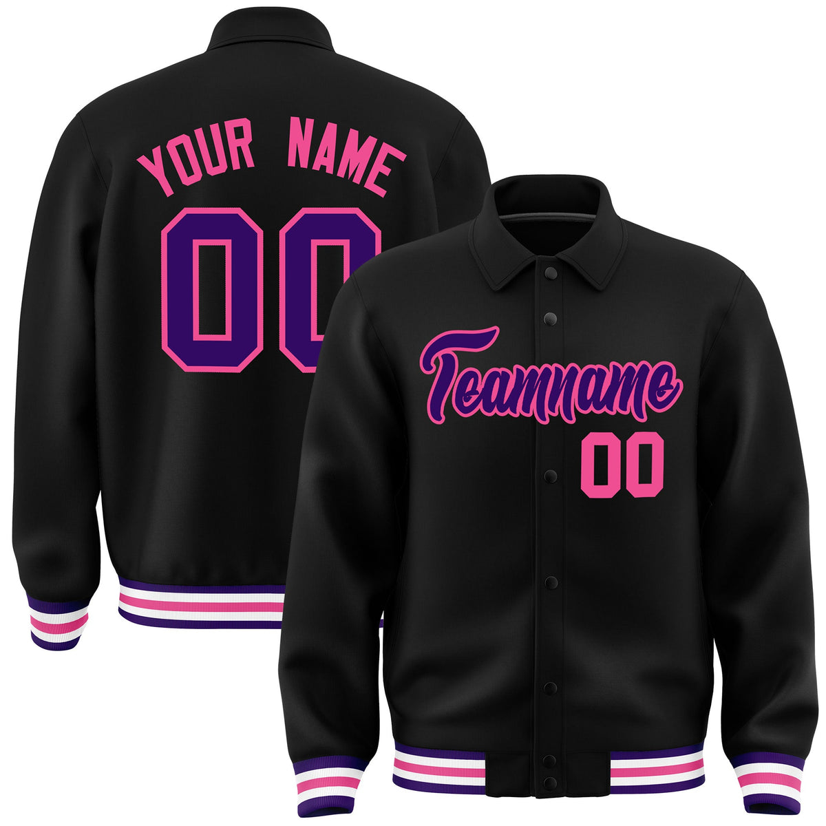 Custom Black, Purple, Pink collared coach jacket - front and back view - Style 3 | KXKSHOP