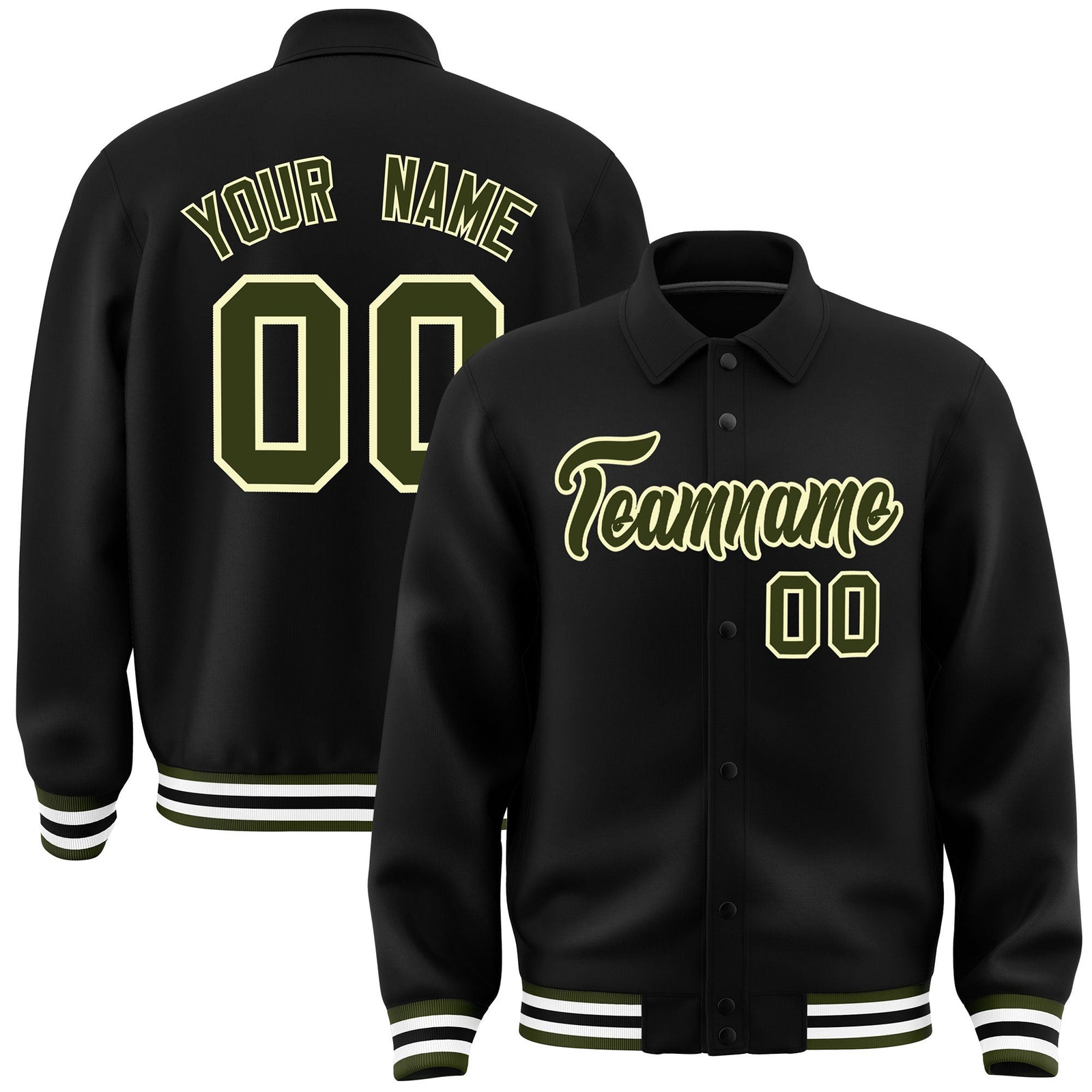 Custom Black, Olive, Cream collared coach jacket - front and back view - Style 3 | KXKSHOP