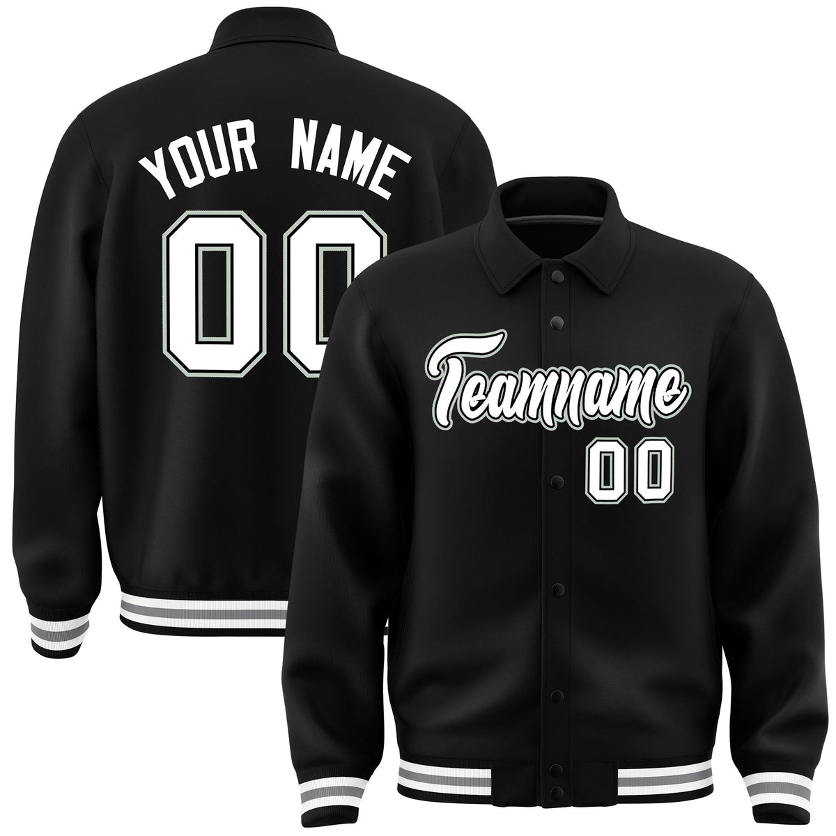 Custom Black, White, Grey collared coach jacket - front and back view - Style 3 | KXKSHOP
