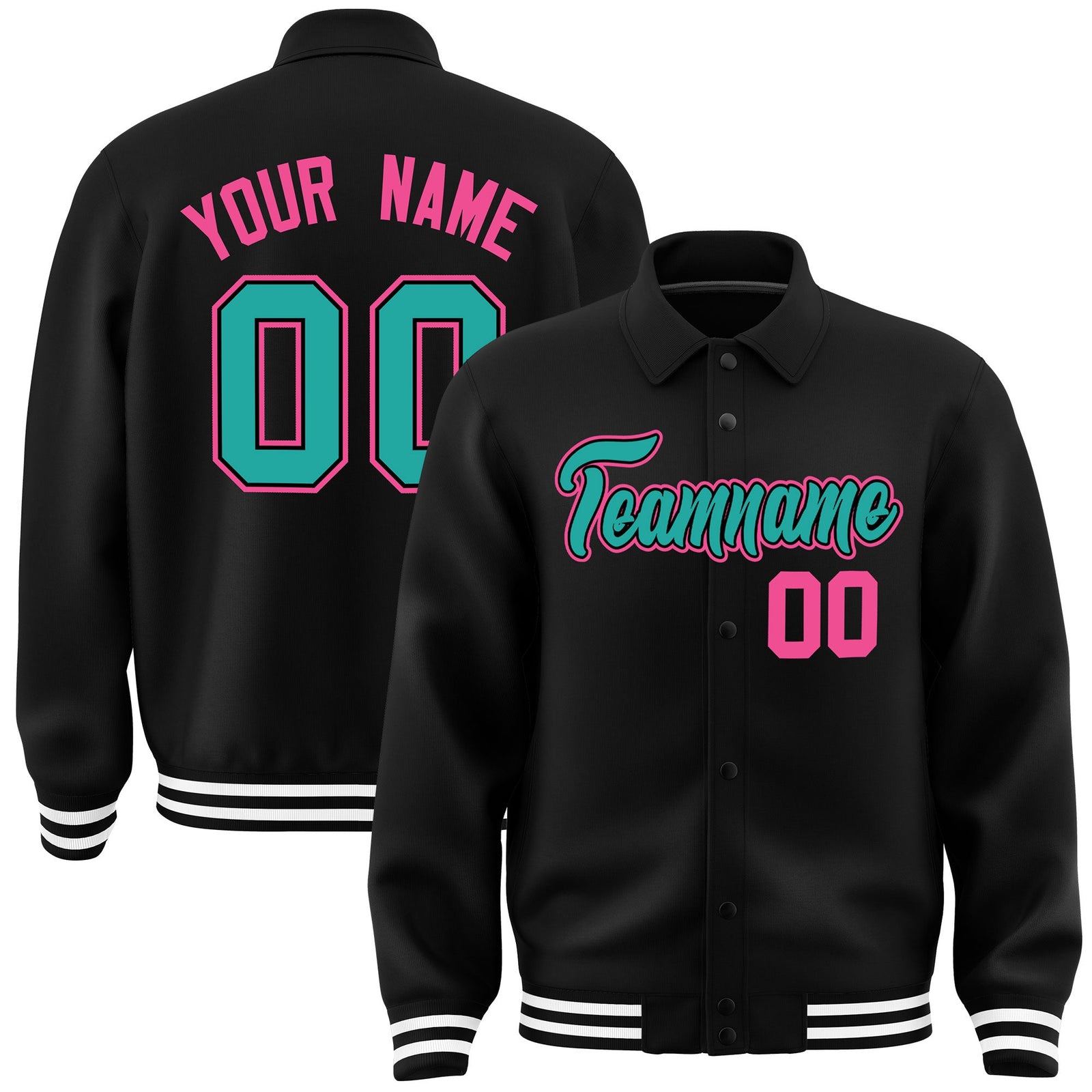 Custom Black, Aqua, Pink collared coach jacket - front and back view - Style 3 | KXKSHOP