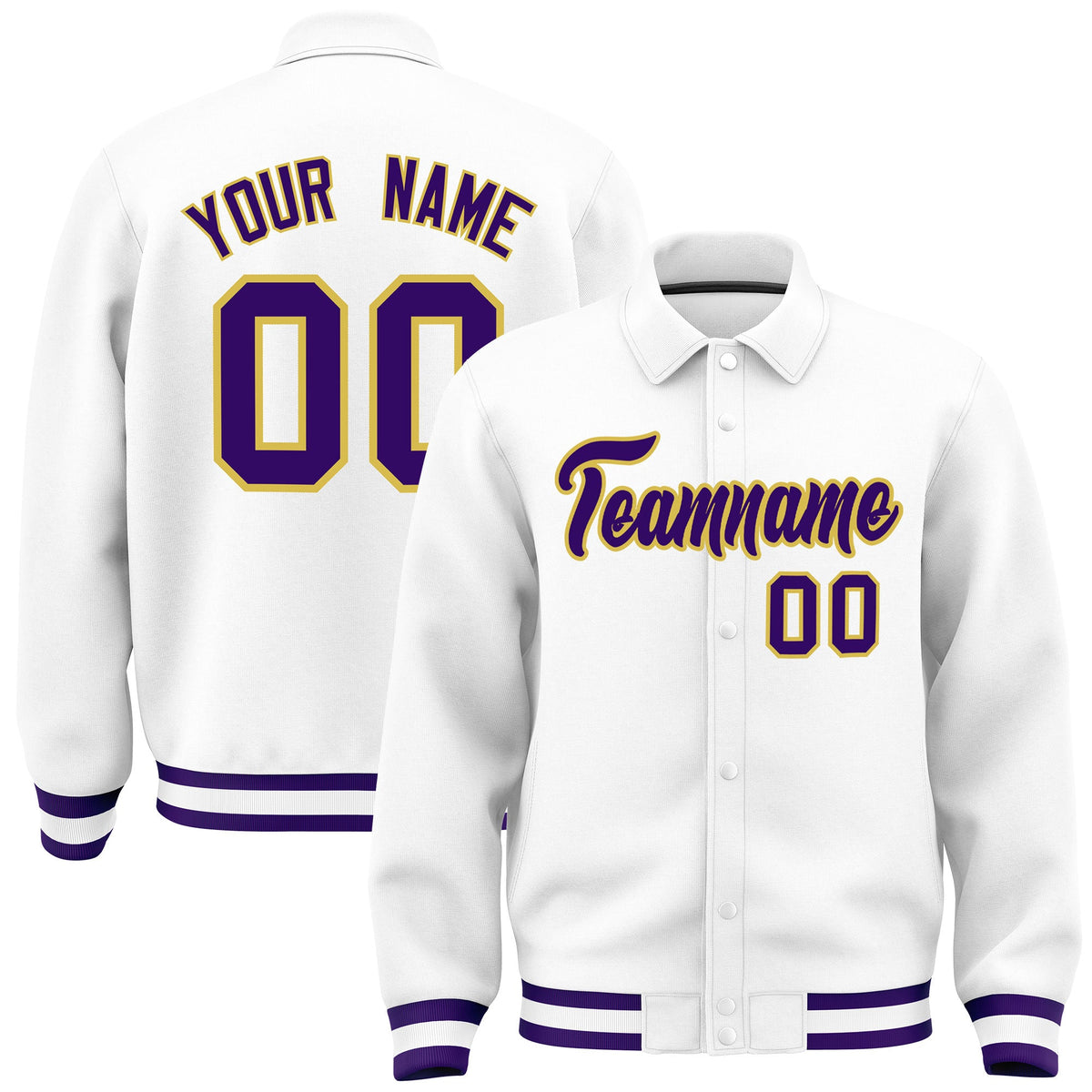 Custom White, Purple, Old Gold collared coach jacket - front and back view - Style 3 | KXKSHOP