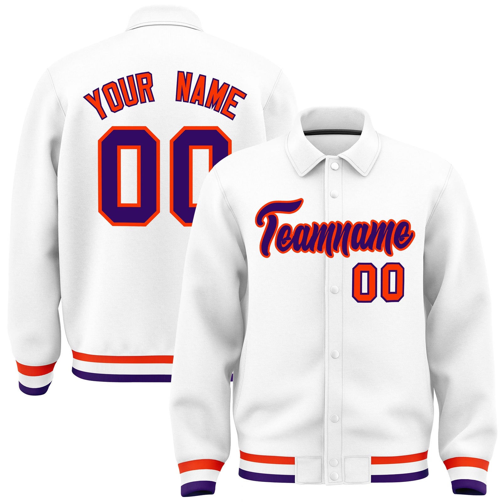 Custom White, Purple, Orange collared coach jacket - front and back view - Style 3 | KXKSHOP