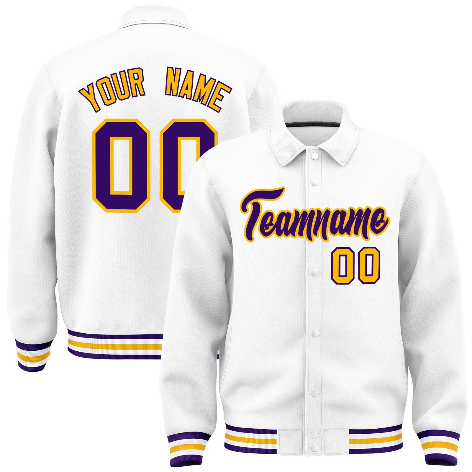 Custom White, Purple, Yellow collared coach jacket - front and back view - Style 3 | KXKSHOP