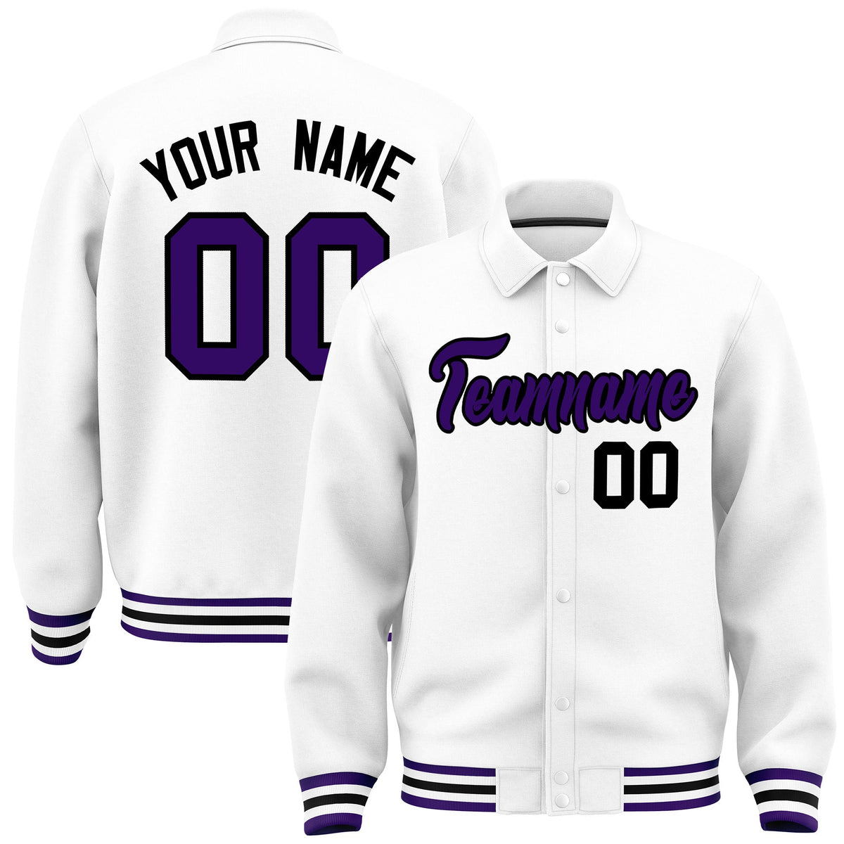Custom White, Purple, Black collared coach jacket - front and back view - Style 3 | KXKSHOP