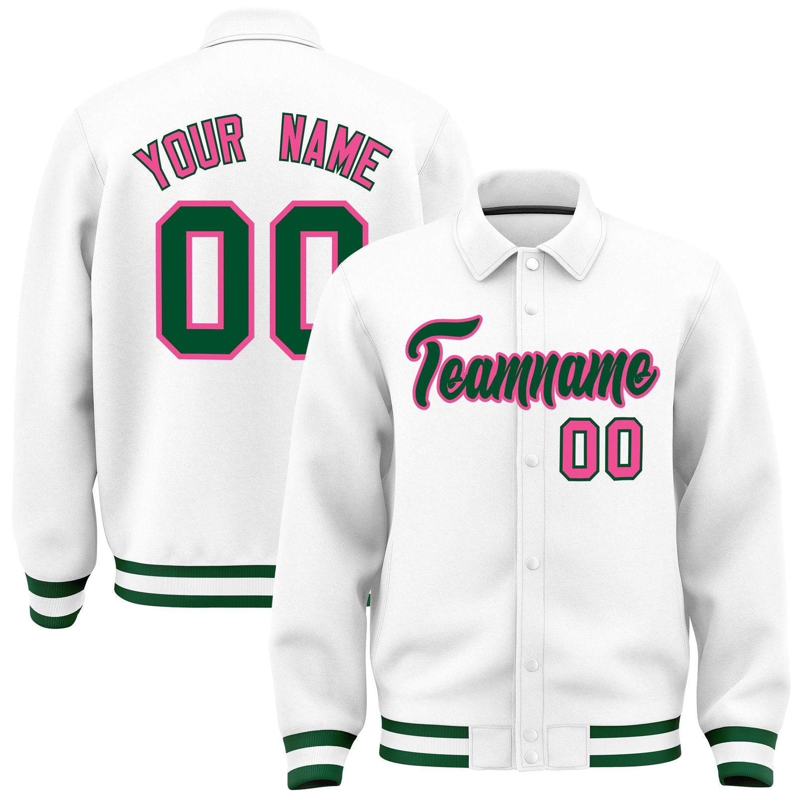Custom White, Green, Pink collared coach jacket - front and back view - Style 3 | KXKSHOP