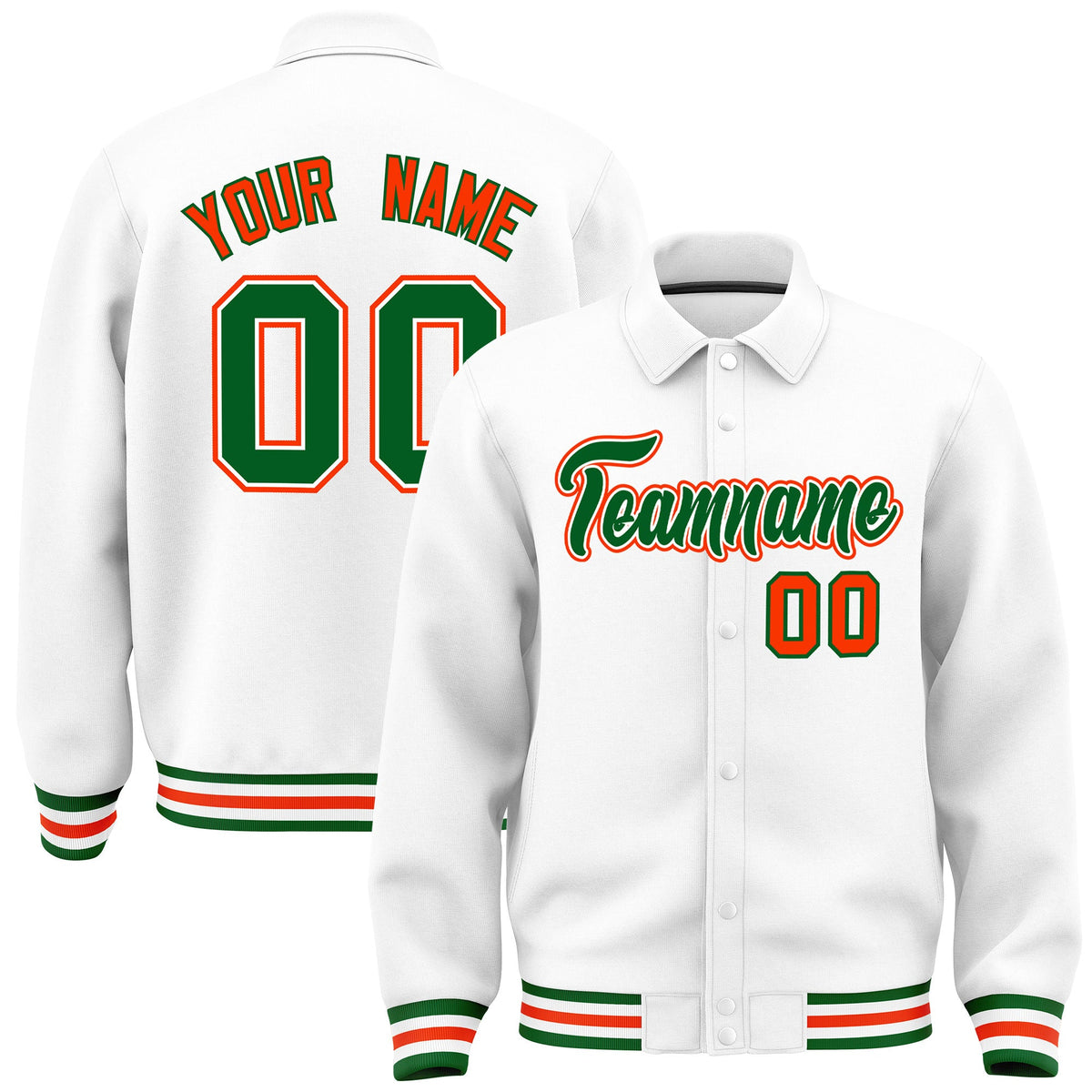 Custom White, Kelly Green, Orange collared coach jacket - front and back view - Style 3 | KXKSHOP