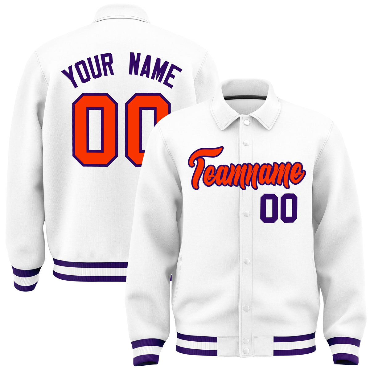 Custom White, Orange, Purple collared coach jacket - front and back view - Style 3 | KXKSHOP