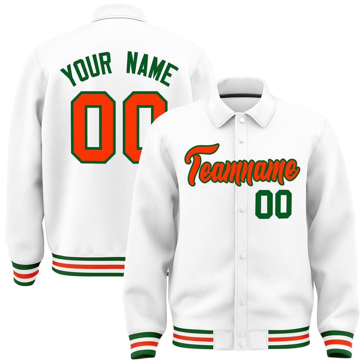 Custom White, Orange, Kelly Green collared coach jacket - front and back view - Style 3 | KXKSHOP