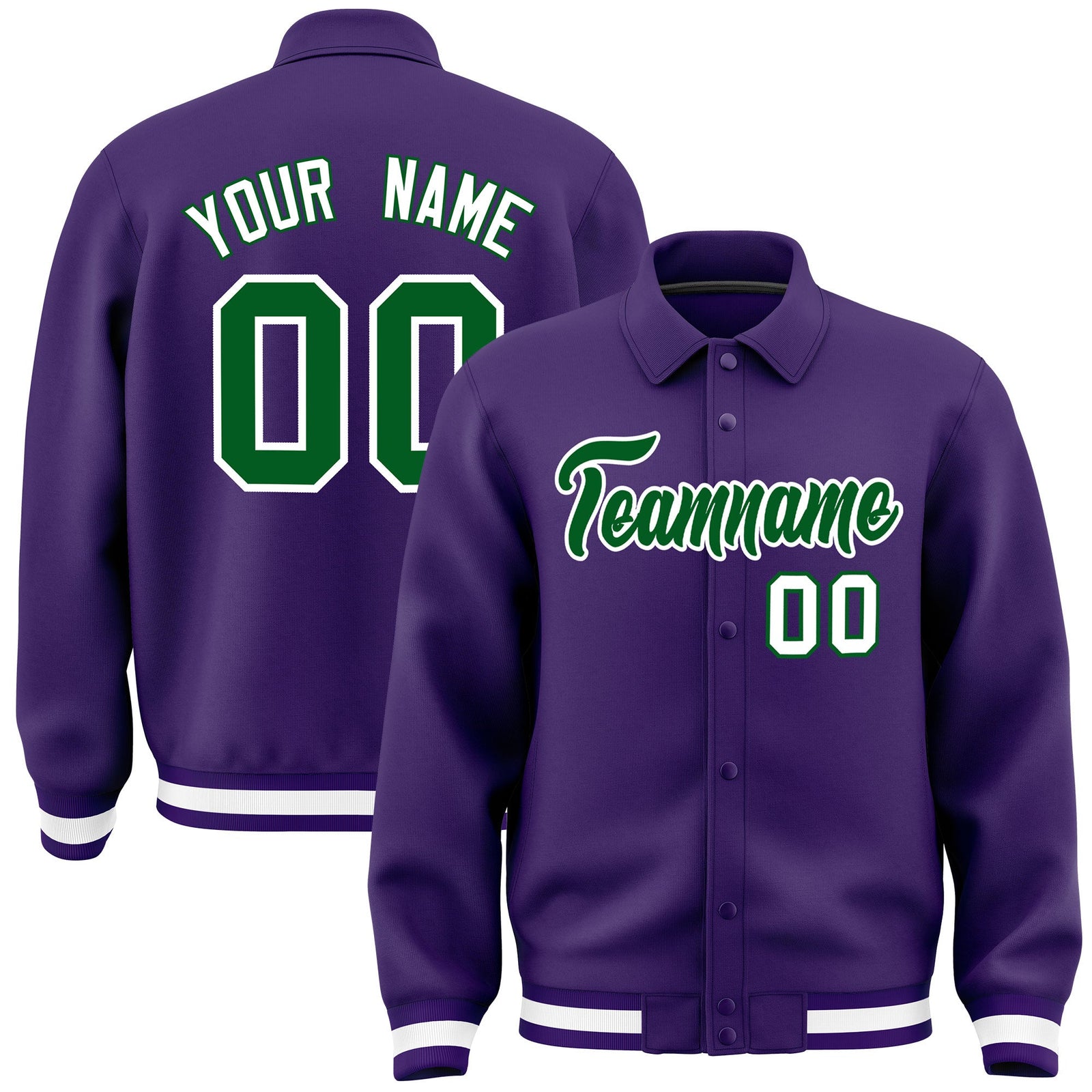 Custom Purple, Kelly Green, White collared coach jacket - front and back view - Style 3 | KXKSHOP