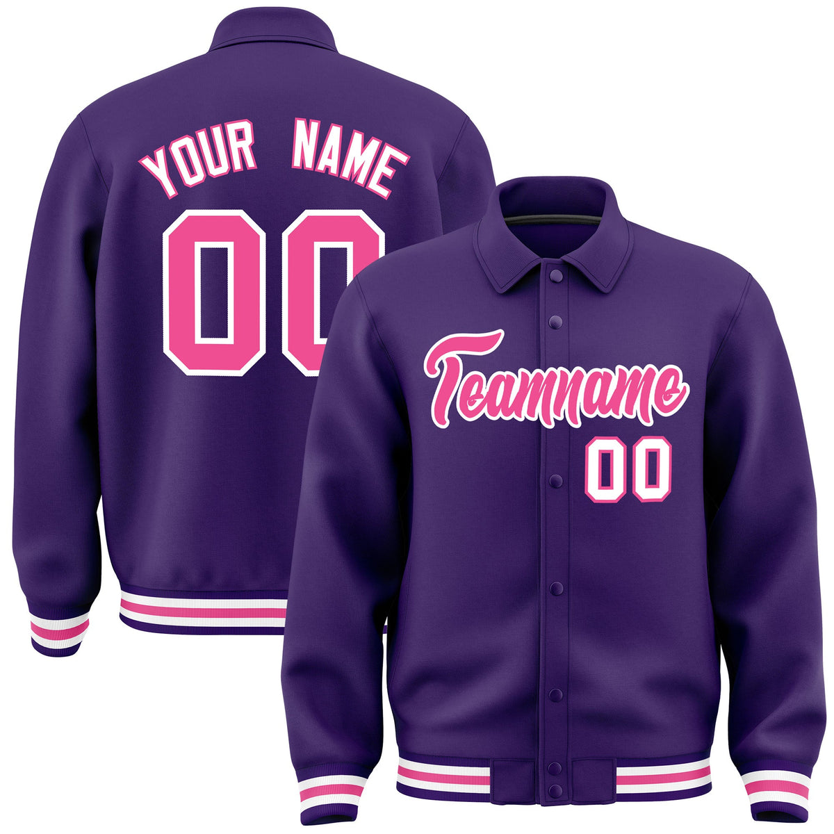 Custom Purple, Pink, White collared coach jacket - front and back view - Style 3 | KXKSHOP