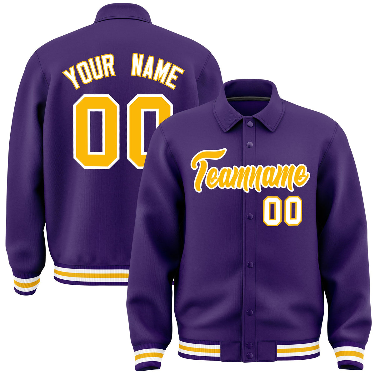 Custom Purple, Yellow, White collared coach jacket - front and back view - Style 3 | KXKSHOP