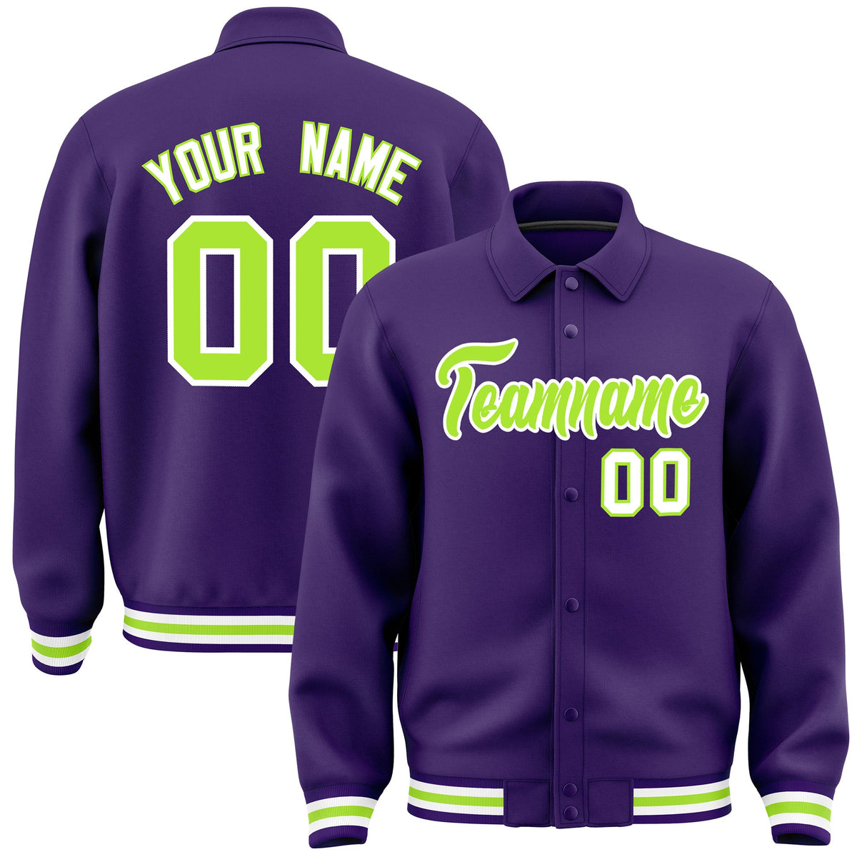 Custom Purple, Neon Green, White collared coach jacket - front and back view - Style 3 | KXKSHOP