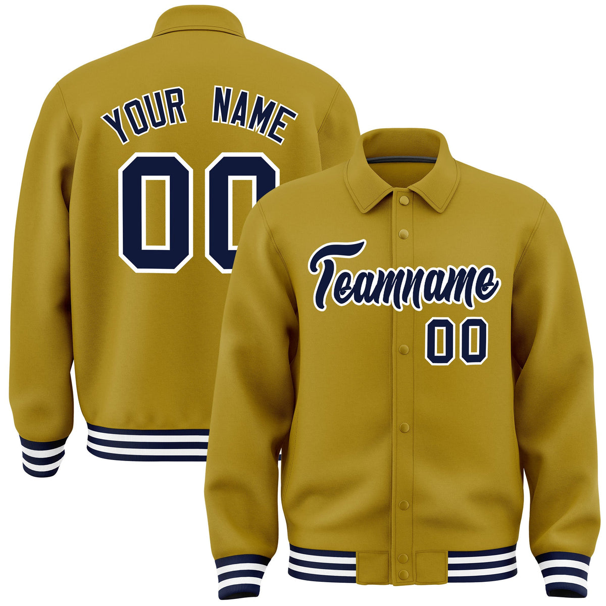 Custom Old Gold, Navy, White collared coach jacket - front and back view - Style 3 | KXKSHOP