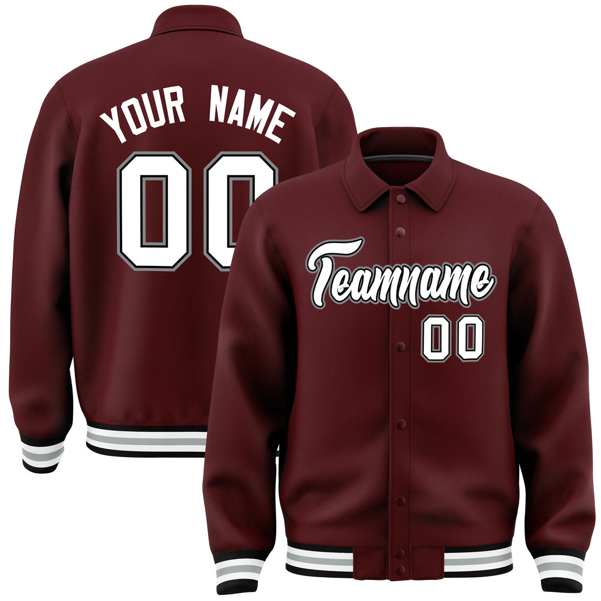 Custom Burgundy, White, Black, Grey collared coach jacket - front and back view - Style 3 | KXKSHOP
