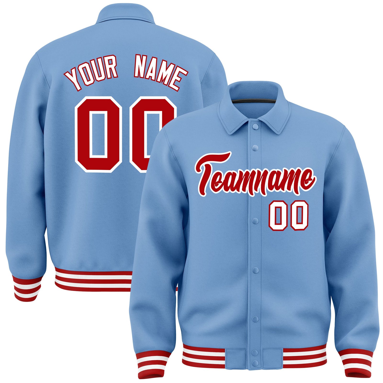 Custom Light Blue, Red, White collared coach jacket - front and back view - Style 3 | KXKSHOP