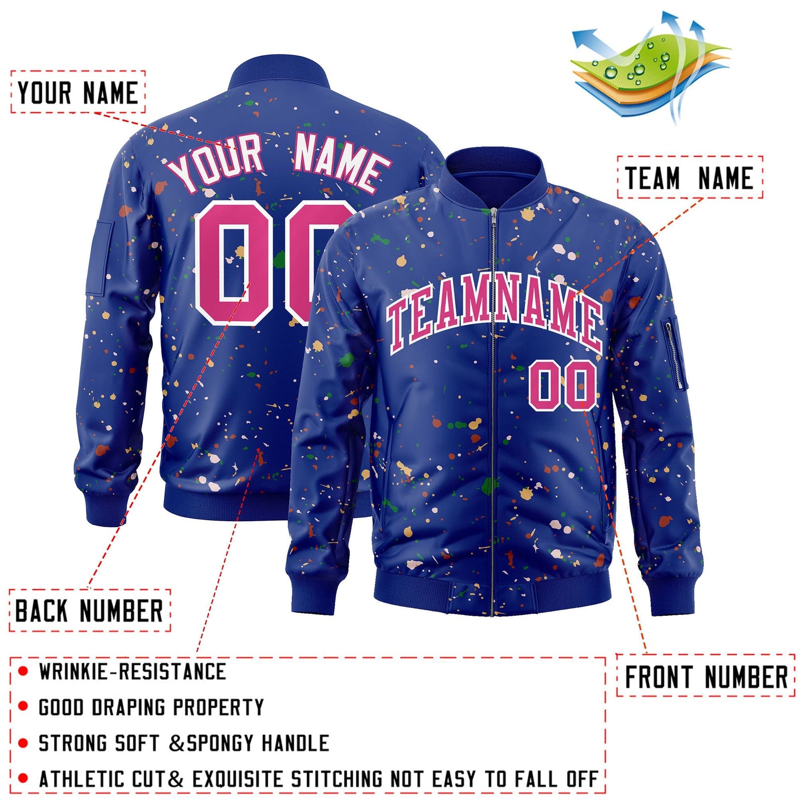 Custom Royal Pink-White Varsity Full-Zip Splash Graffiti Pattern Letterman Jacket