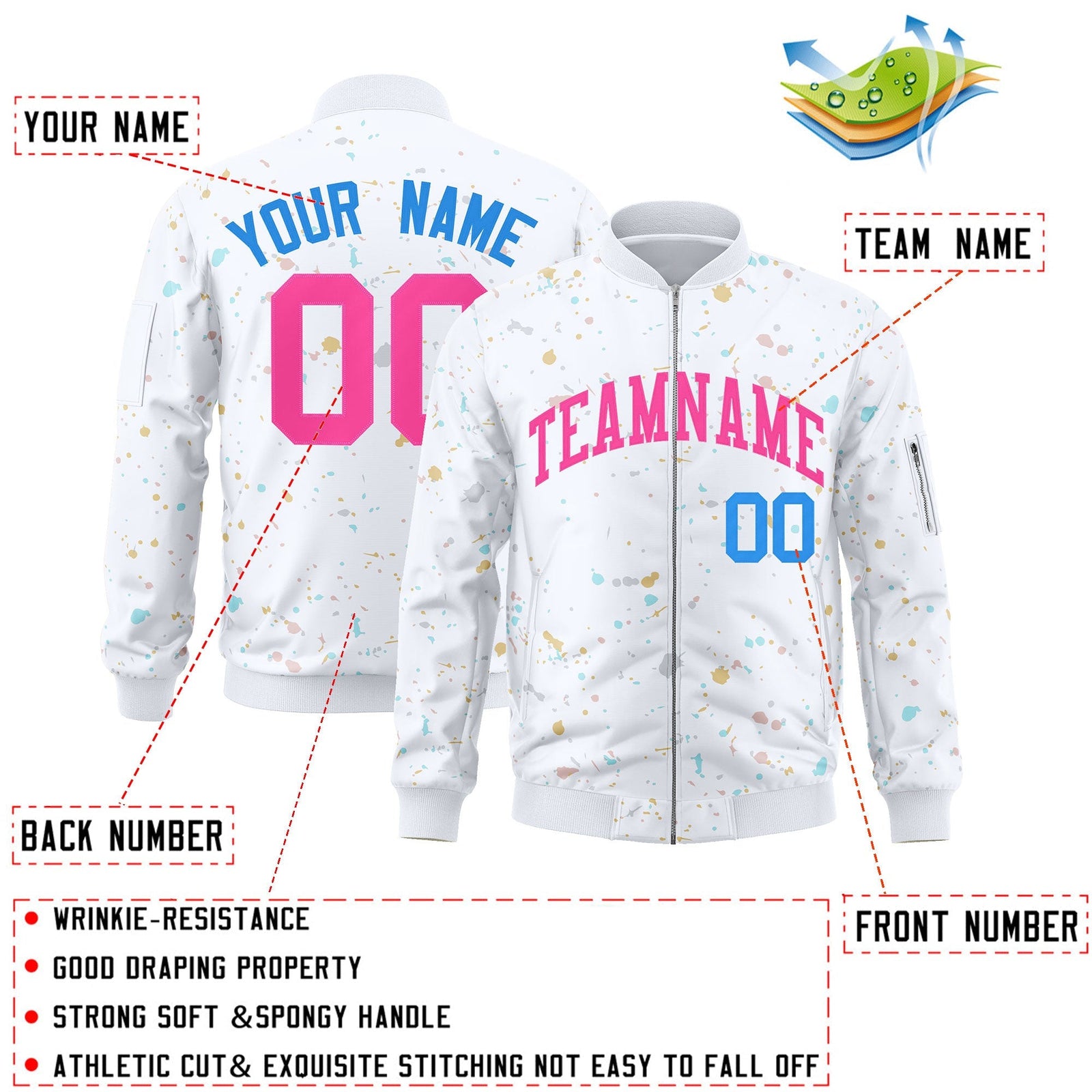 Custom White Pink Varsity Full-Zip Splash Graffiti Pattern Letterman Jacket