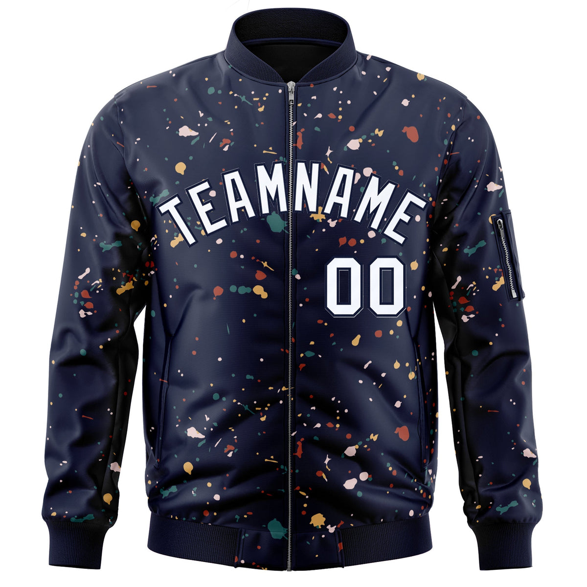 Custom Navy White Varsity Full-Zip Splash Graffiti Pattern Letterman Jacket