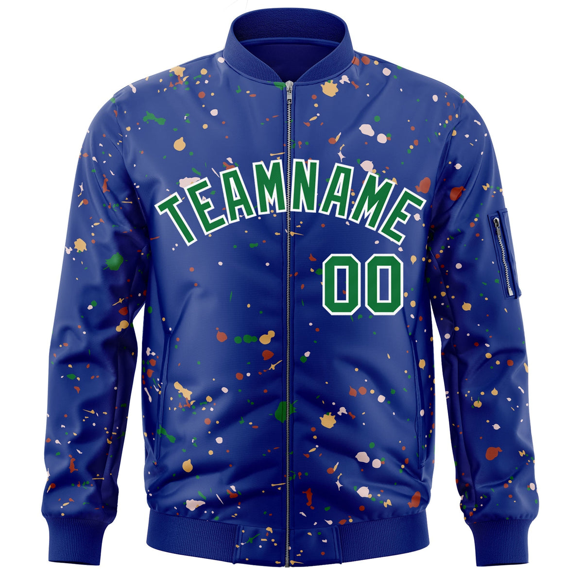 Custom Royal Kelly Green-White Varsity Full-Zip Splash Graffiti Pattern Letterman Jacket